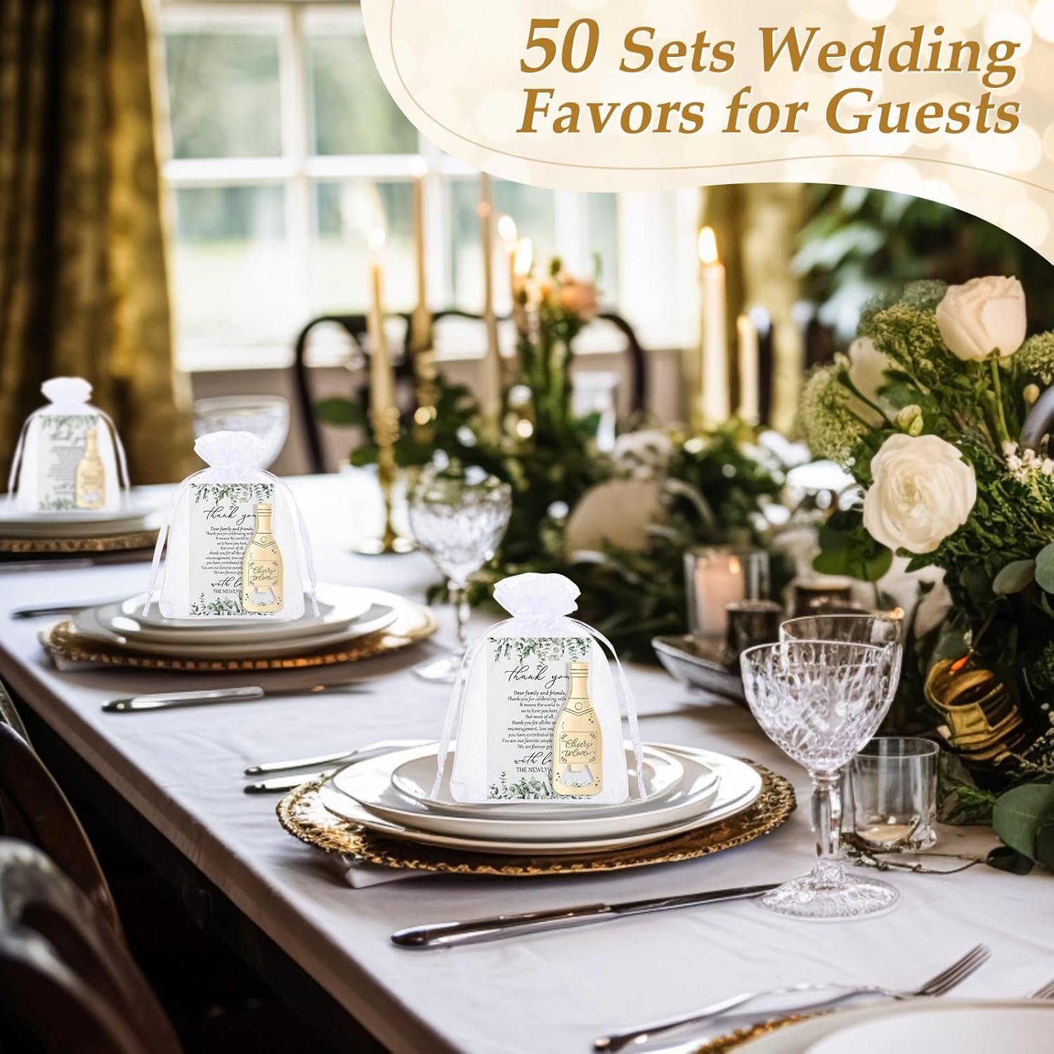 Suclain 50 Sets Wedding Favors for Guests Bulk Wedding Souvenirs Include Cheers to Love Bottle Openers Thank You Cards and Organza Bags Bridal Shower Gifts Decorations