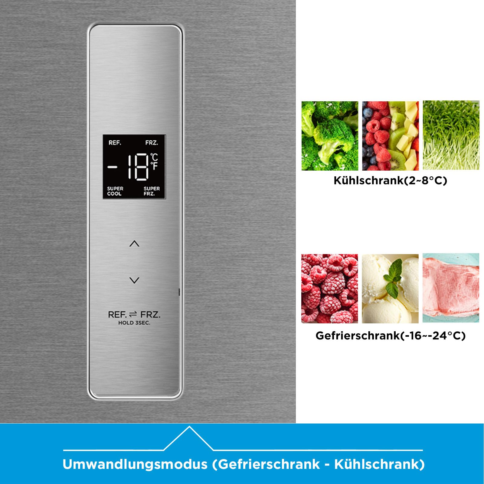 Midea Gefrierschrank & Kühlschrank in einem MDRU385MTC02 | 272L, 185 cm | Umschaltbarer Kühl- & Gefriermodus | NoFrost & Multi Air Flow | GMCC-Kompressor, 157 kWh/Jahr, Leise | Freistehend, Inox