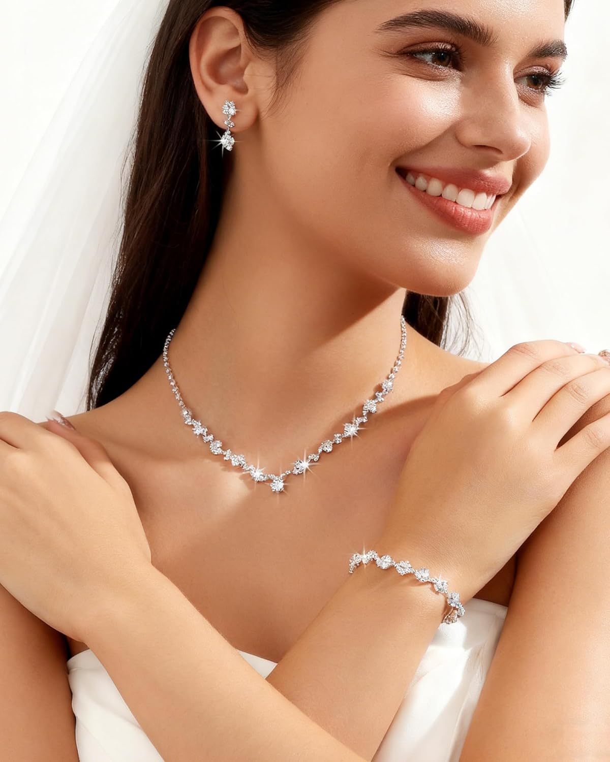 Silver Jewelry Set for Women Sparkly Silver Prom Jewelry Set Shinny Rhinestone Choker Necklace Elegant Crystal Bracelet Bridal Earrings Wedding Prom Outfit Accessories for Her - Image 2