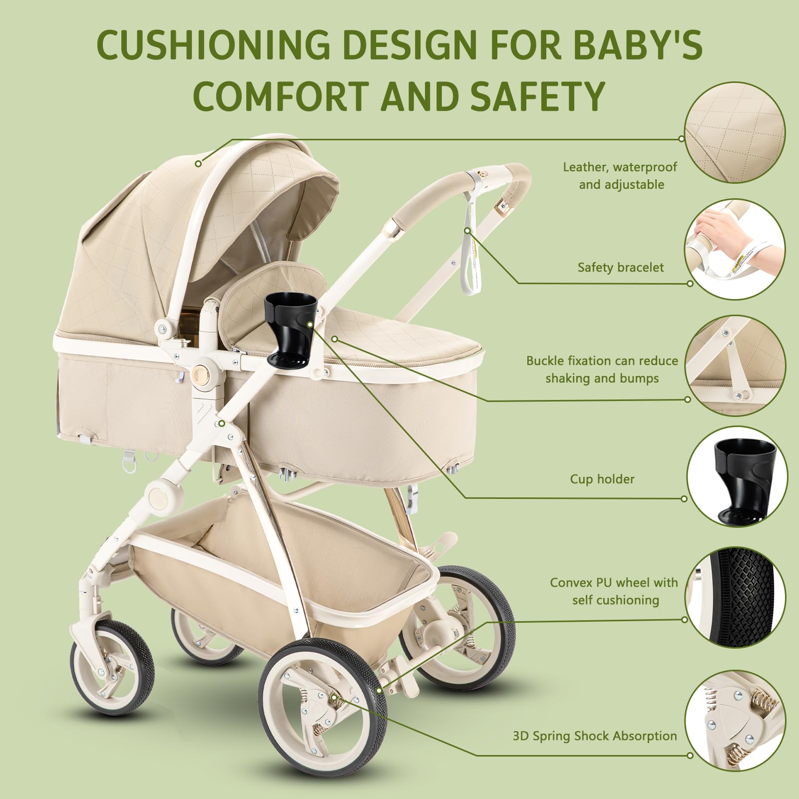 Pelle Passeggino 3 in 1 Sistema di Viaggio con Seggiolino Auto Telaio Alluminio Carrozzina Città Pieghevole per Bambini 0-4 Anni Cachi