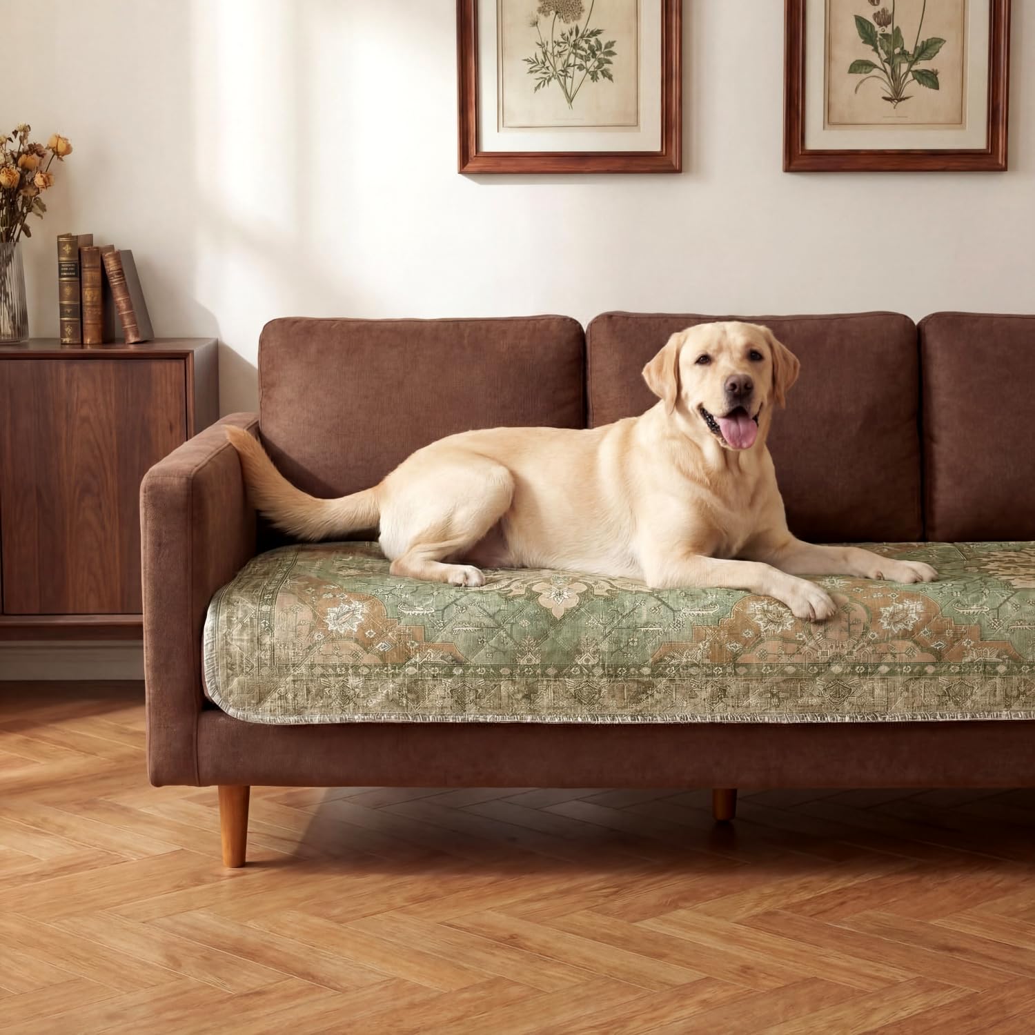 Photo 1 of Snugglesinto Reversible Dog Bed Cover with Waterproof Lining, Water Resistant Slipcover Furniture Protector and Pet Blanket, Washable Couch Cover for Kids, Dogs, Pets.(Green Floral/Beige,30"x70")