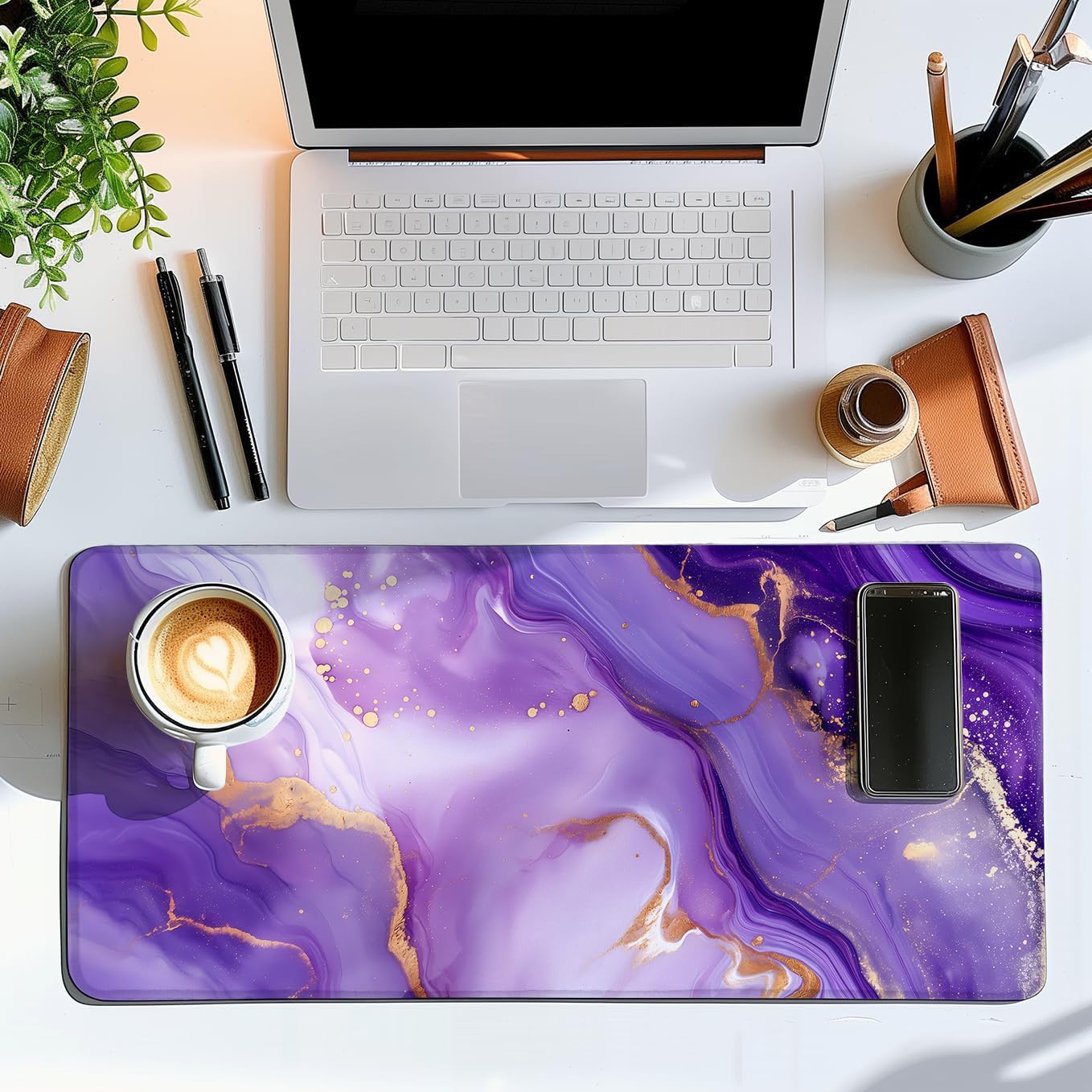 SoulAbiti Purple Marble Gold Splash stitched edges Desk Mat - Abstract textured art Mouse Pad - Large gaming 23.6x11 inch Mousepad - Non-Slip, Anti Fray, Computer Laptop Office Décor