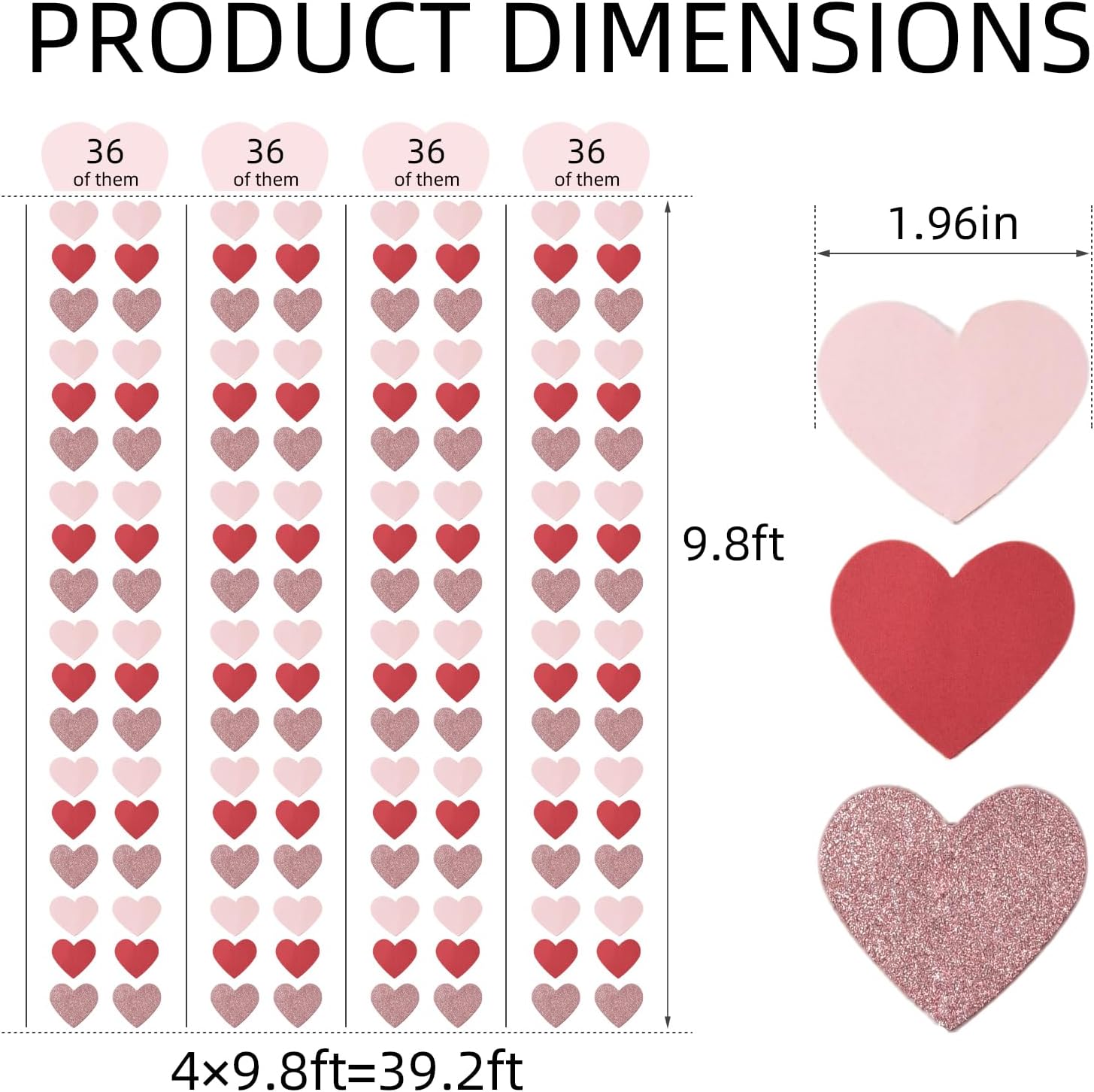 Valentine's Day Heart Garland Decorations - 39.2FT 4 Strands Pink Red Glitter.Mother’s Day, Bridal Shower, Engagement, Wedding, Anniversary, Baby Shower, Birthday - Pink Party Decorations - Image 2