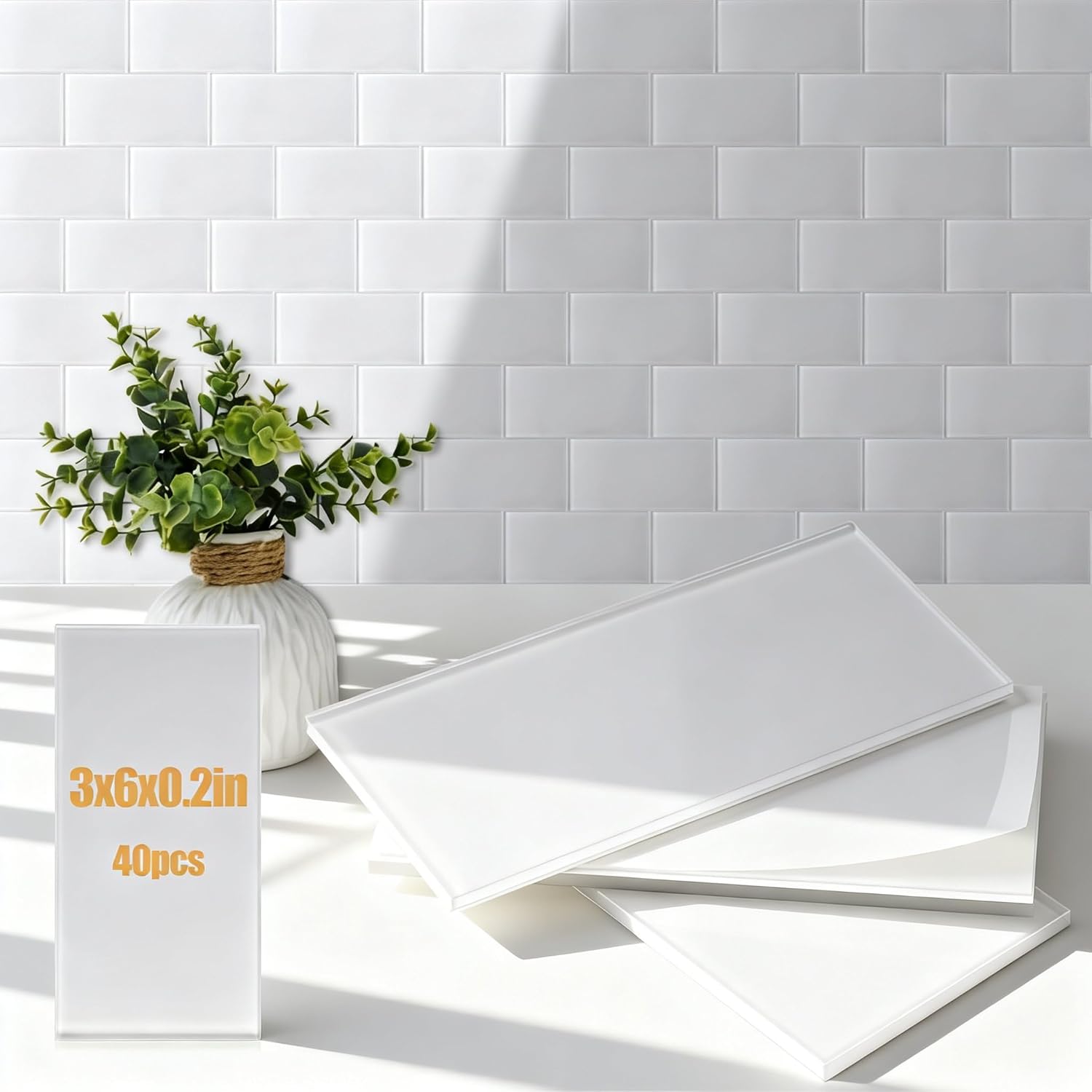 40 Pack 3 x 6 Inch Glass Subway Tiles Peel and Stick Subway Tile Pack Bulk 5 Sq ft White for Bathroom Kitchen Backsplash Wall Indoor DIY Living Room Laundry Fireplace Stove Home Decor