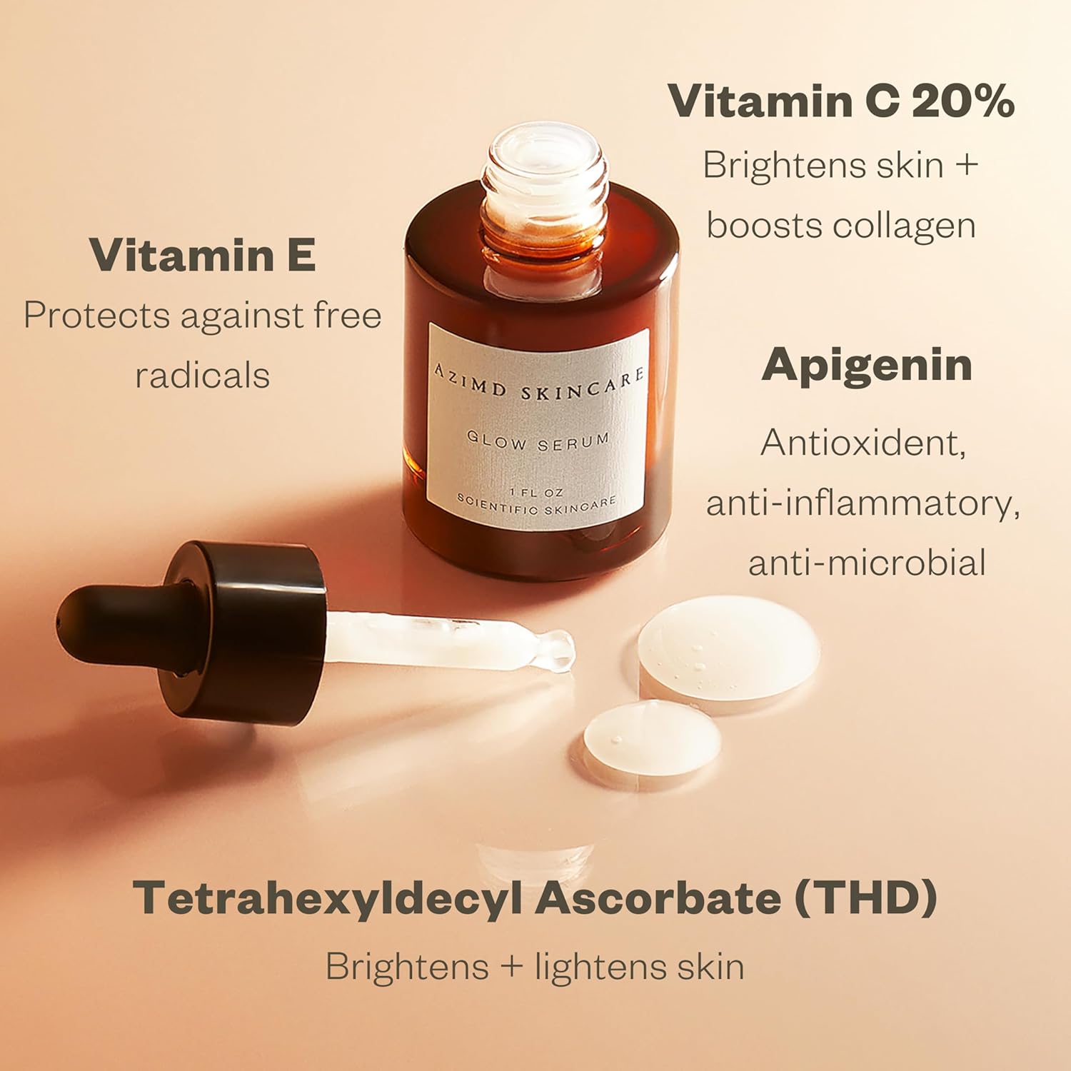 AziMD Skincare Glow Serum | 20% Vitamin C Complex with Tetrahexyldecyl Ascorbate | Brightens, Reduces Wrinkles, Supports Microbiome | Stable, Non-Irritating Formula for Acne-Prone & Sensitive Skin