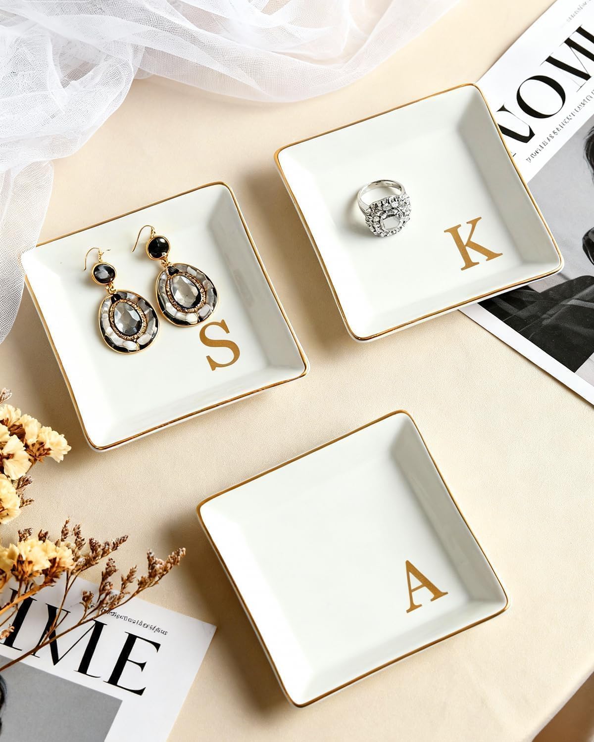 Fmeida Ceramic Jewelry Tray Monogram Ring Dish Decorative Trinket Dish for Her Personalized Birthday Wedding Valentine's Mother's Day Christmas Gift for Women, 4" x 4" Initial H