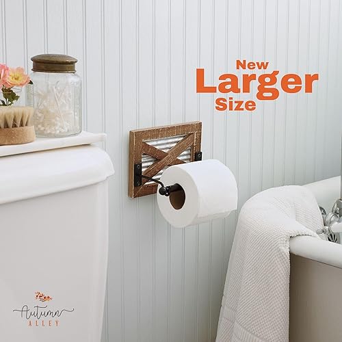 Miniatura 2 de Autumn Alley Soporte de papel higiénico rústico para pared, accesorios de decoración de baño de granja con madera marrón cálida, metal galvanizado y