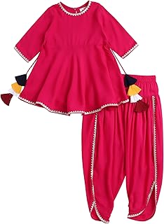 The Magic Wand Woven Half Sleeves Solid &amp; Printed Kurta Pant Set For Kids Girls, Ethnic Ballon Pant &amp; Frock Type Kurti Tra...