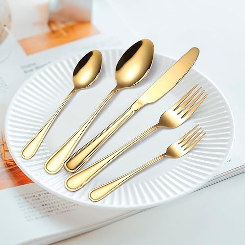 Miniatura 18 de A·HOUSEWARE - Juego de cubiertos iridiscentes con diseño hueco, 20 piezas, acero inoxidable, incluye tenedores, cucharas, cuchillos, utensilios