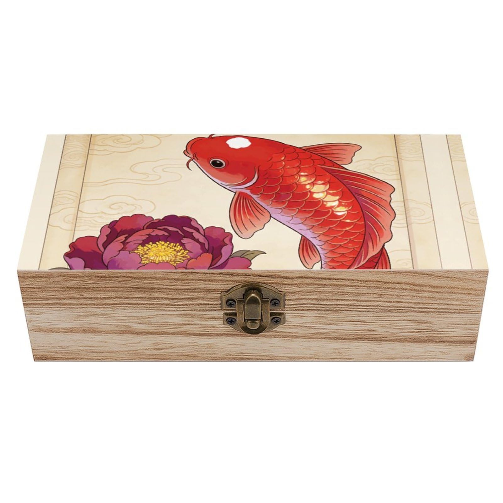 LZQPOEAS Koi Carp Bring Spring Wooden Storage Box Small Decorative Box with Hinged Lid Handmade Elegant Keepsake Storage Box for Jewelry, Photos, Trinkets, Letter Gifts, Small Heirlooms