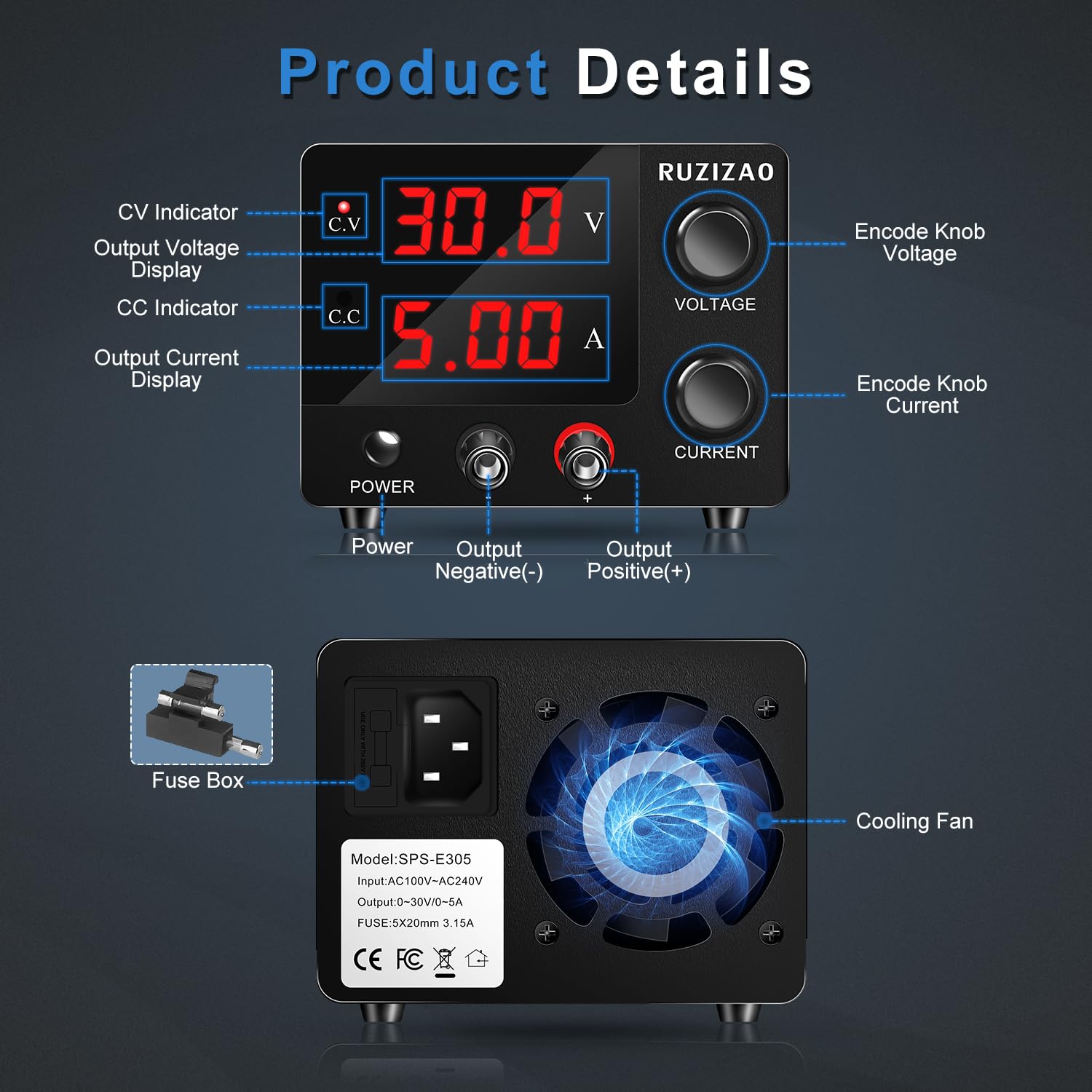 Fuente de Alimentación Regulables 30V 5A 150W, Fuentes de Alimentación de Laboratorio con Codificador de Alta Precisión, Mini Fuente de Alimentación de Banco con Pantalla LED de 3 Dígitos