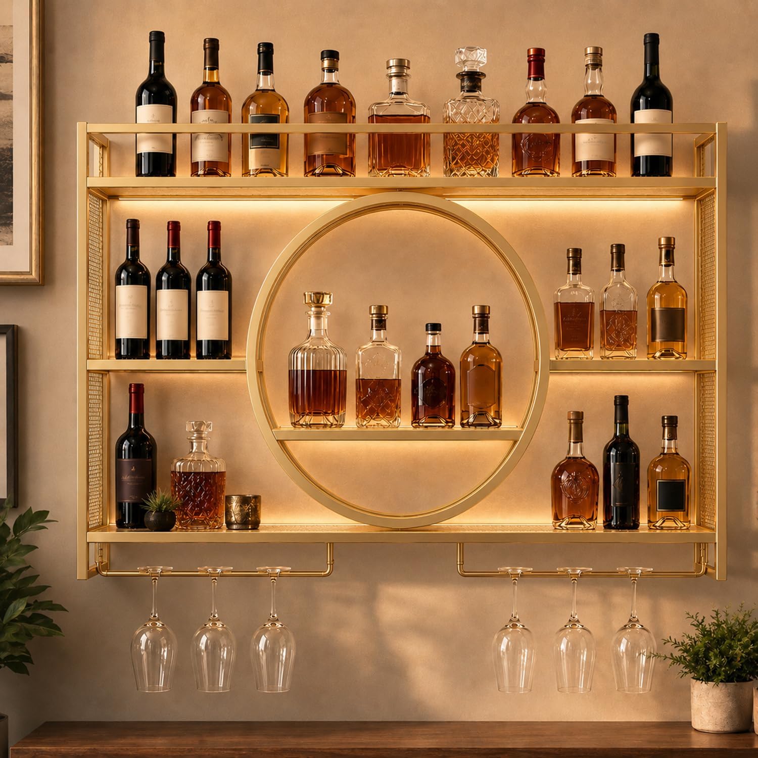 Wine Rack Wall Mounted - with LED Light, Bar Shelves & Glass Holder, Gold