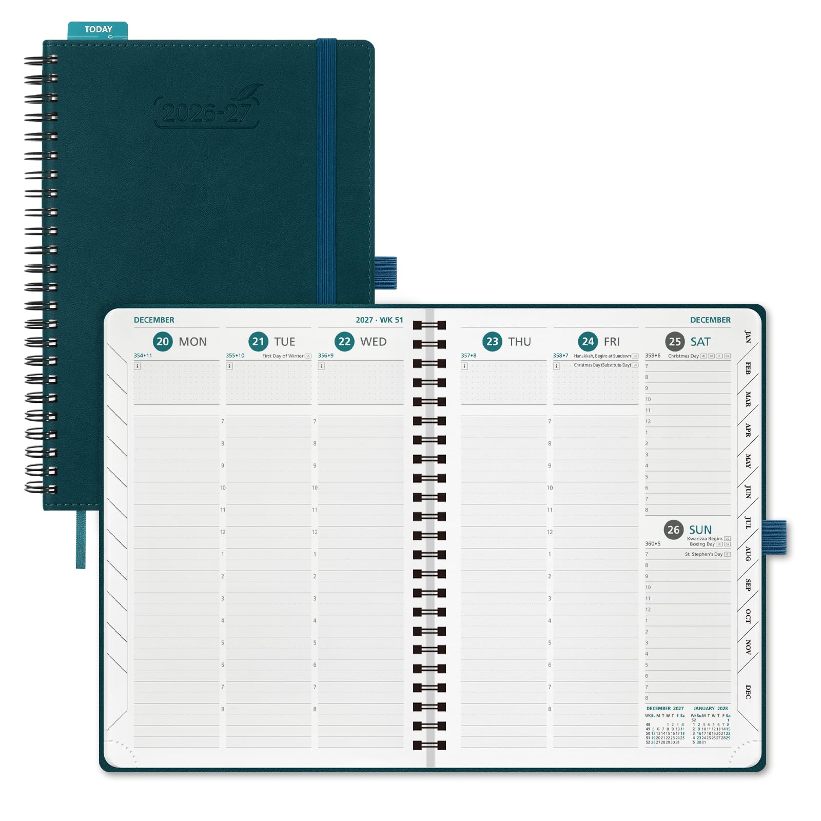 BEZEND A5 Academic Diary 2026-2027 Week to View (Jul 26 - Dec 27) Spiral. Vertical Weekly Planner with Time Slots & Tabs. Appointment Diary for Home School Office. PU Leather Softcover, Dark Green
