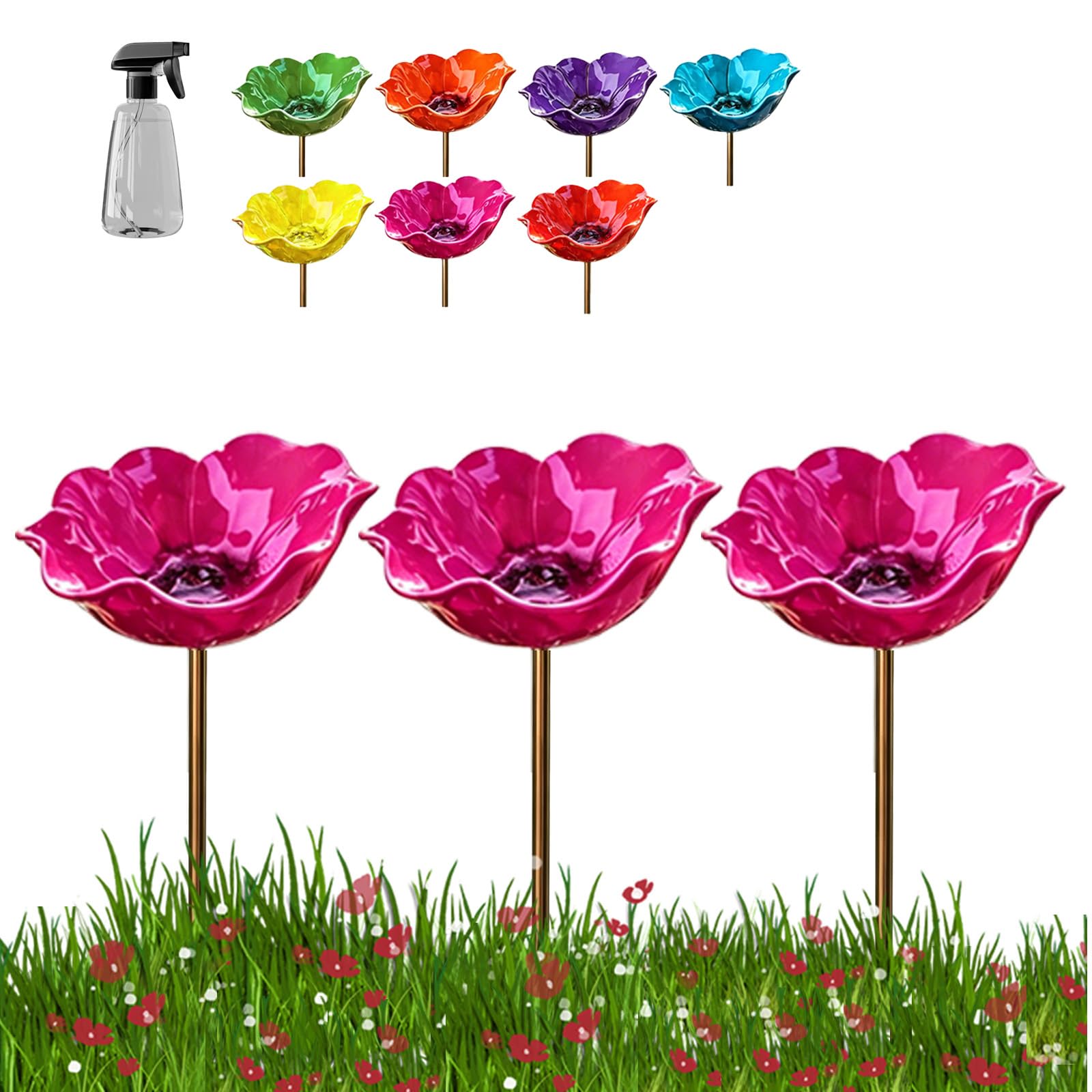 Handmade Metal Flower Garden Stake, Flower-Shaped Bird Bath & Bird Feeder for Nature Lovers, Colorful Butterfly Bee Watering Station for Outdoor Garden Lawn Yard Patio Landscape Decor (Pink×3)