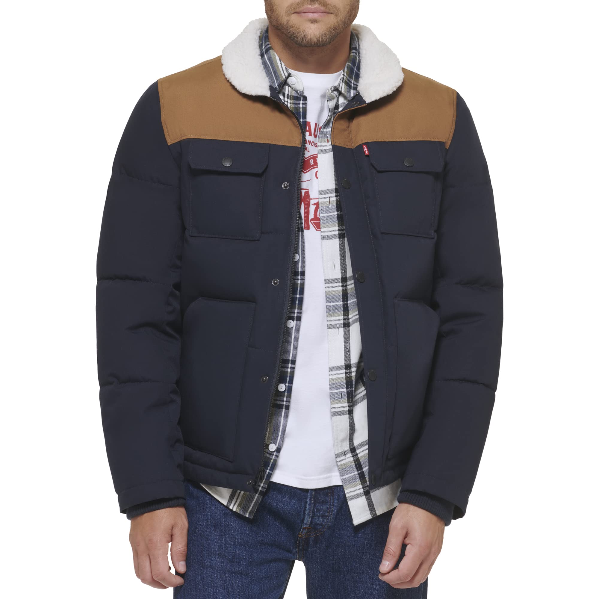 Levi's Men's Mixed Media Quilted Puffer Jacket with Sherpa Lined Collar, New Worker Brown/Navy, Large
