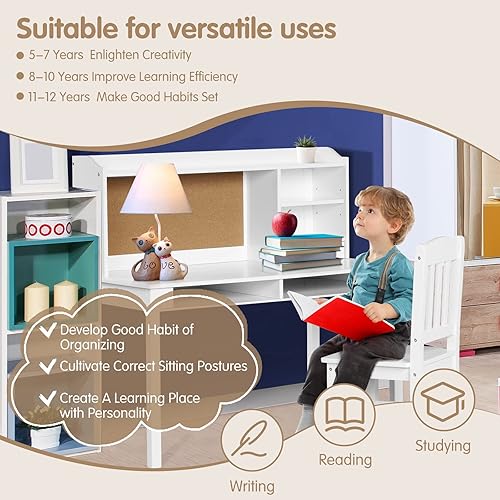 Miniatura 2 de Costzon Juego de escritorio y silla para niños, escritorio de estudio para niños con silla, gabinete, almacenamiento, cajones, estantes, tablero de