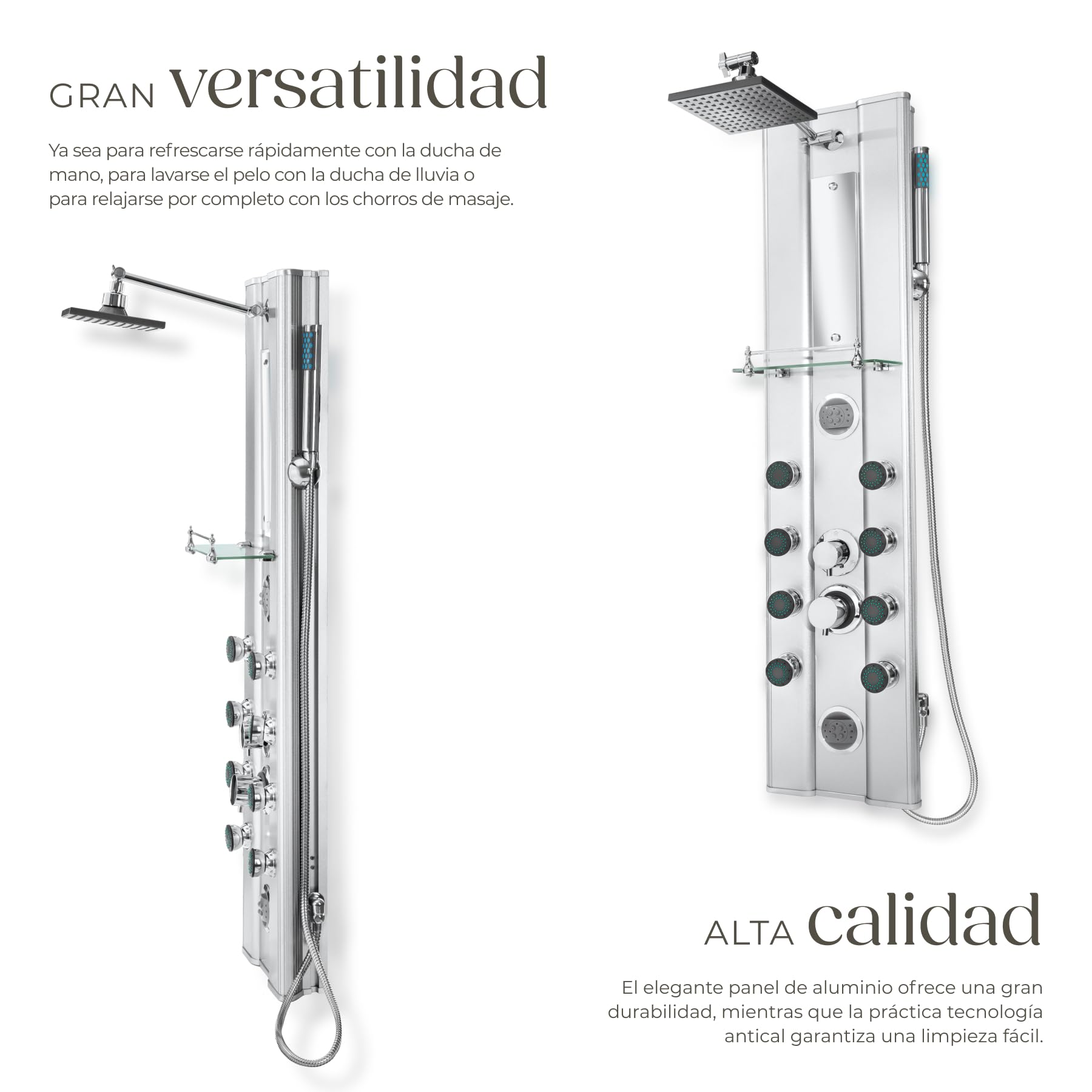 tectake® Columna Ducha con Hidromasaje, Grifo Ducha y de Mano, 10 Chorros Masaje, Diseño Moderno, Fácil Instalación, Anticalcáreo, Duchas de Baño, Estructura de Aluminio - Plateado