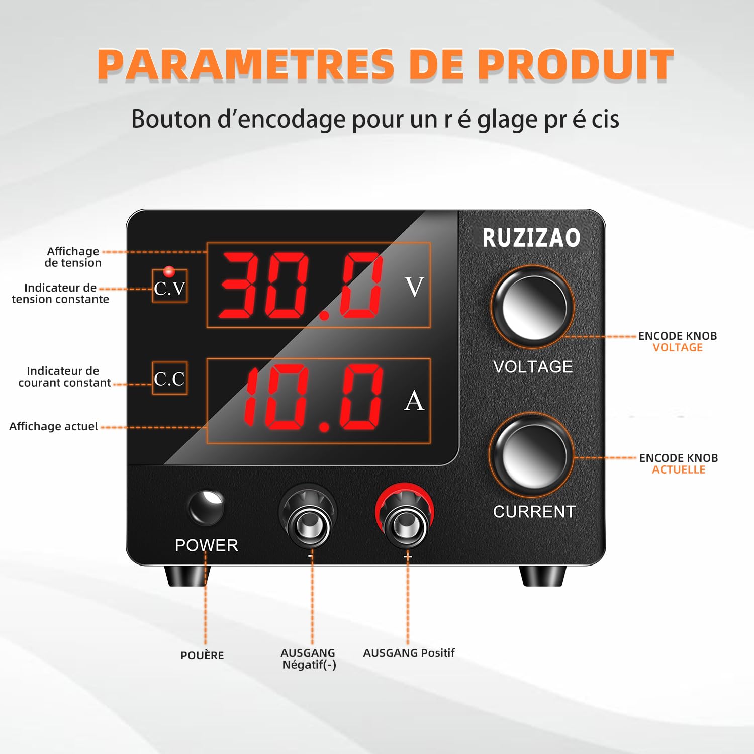 Alimentation de Laboratoire 30V 10A, Puissance Maximale 150W 30V5A/15V10A Stabilisée Réglable à Courant Continu Avec Réglage du Encodeur et Affichage LED à 3 Chiffres
