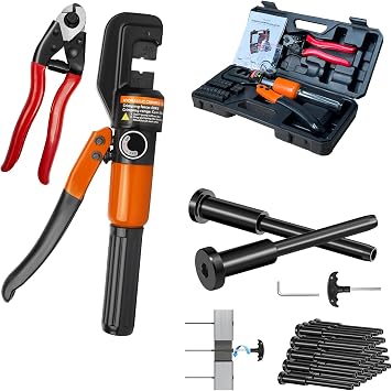 Upgraded Hydraulic Crimping Tool and Cable Cutter, 20 Pack Black Cable Railing Kit Invisible Receiver&Threaded Stud End for 1/8" Cable Railing System