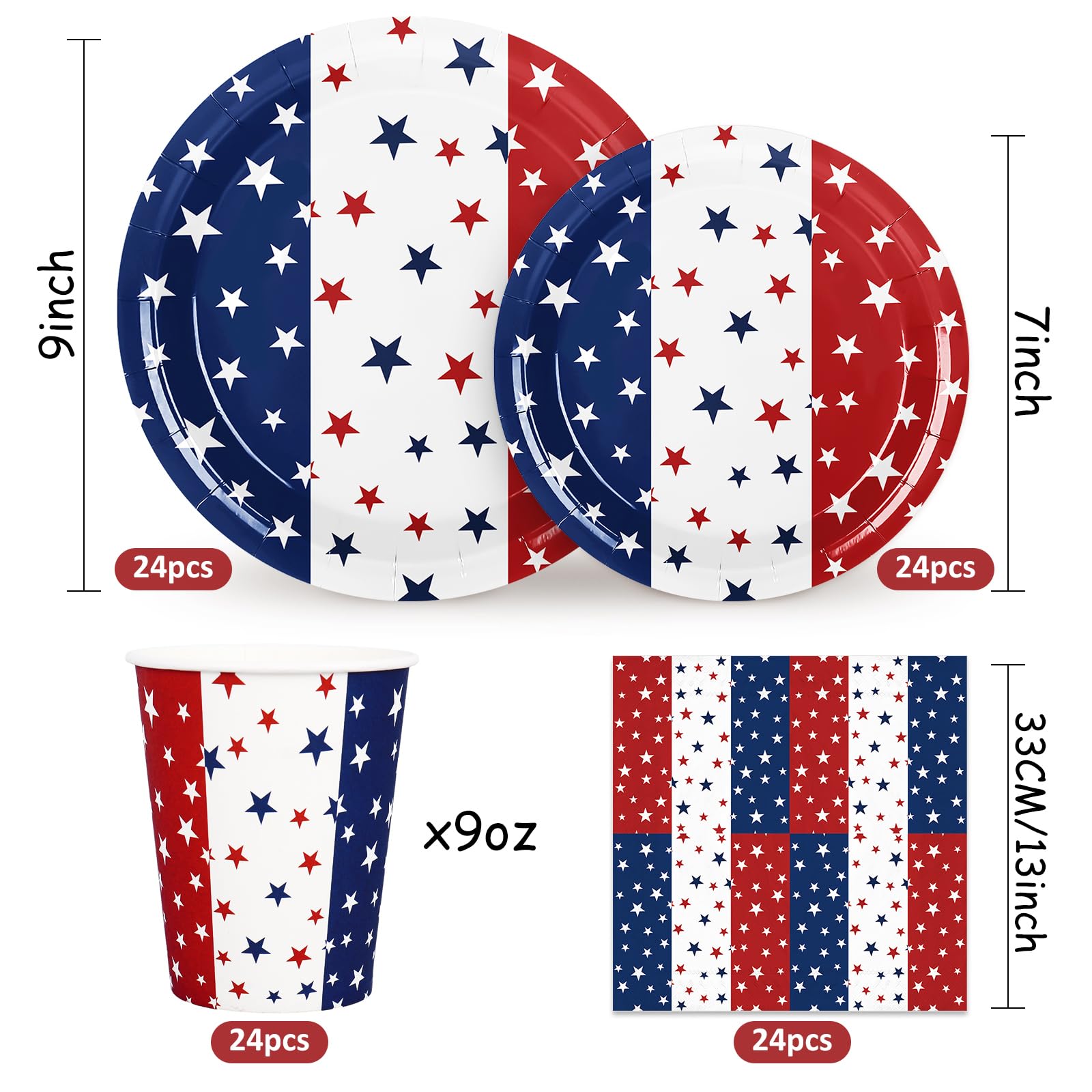Whaline Set di stoviglie per feste patriottiche da 96 pezzi, con piatto di carta, tovaglioli, tazza rossa, bianca, blu, stella, 4 luglio, stoviglie usa e getta per 24 ospiti, decorazione da tavolo per