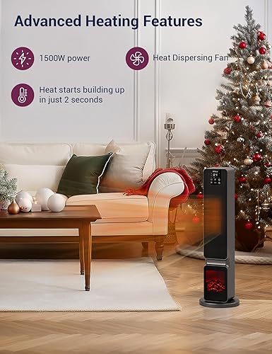 Miniatura 3 de DELLA Calentador eléctrico portátil de cerámica PTC de 26 pulgadas y 1500 W con llama 3D y sonido crepitante de fuego, 3 modos, ecológico con