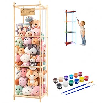 Stuffed Animal Storage Organizer - Solid Wooden Stuffed Organizers Storage with Watercolor Painting DIY Set, Large Capacity Organizer for Kids, Zoo Stuffed Animal Holder for Playroom, Bedroom