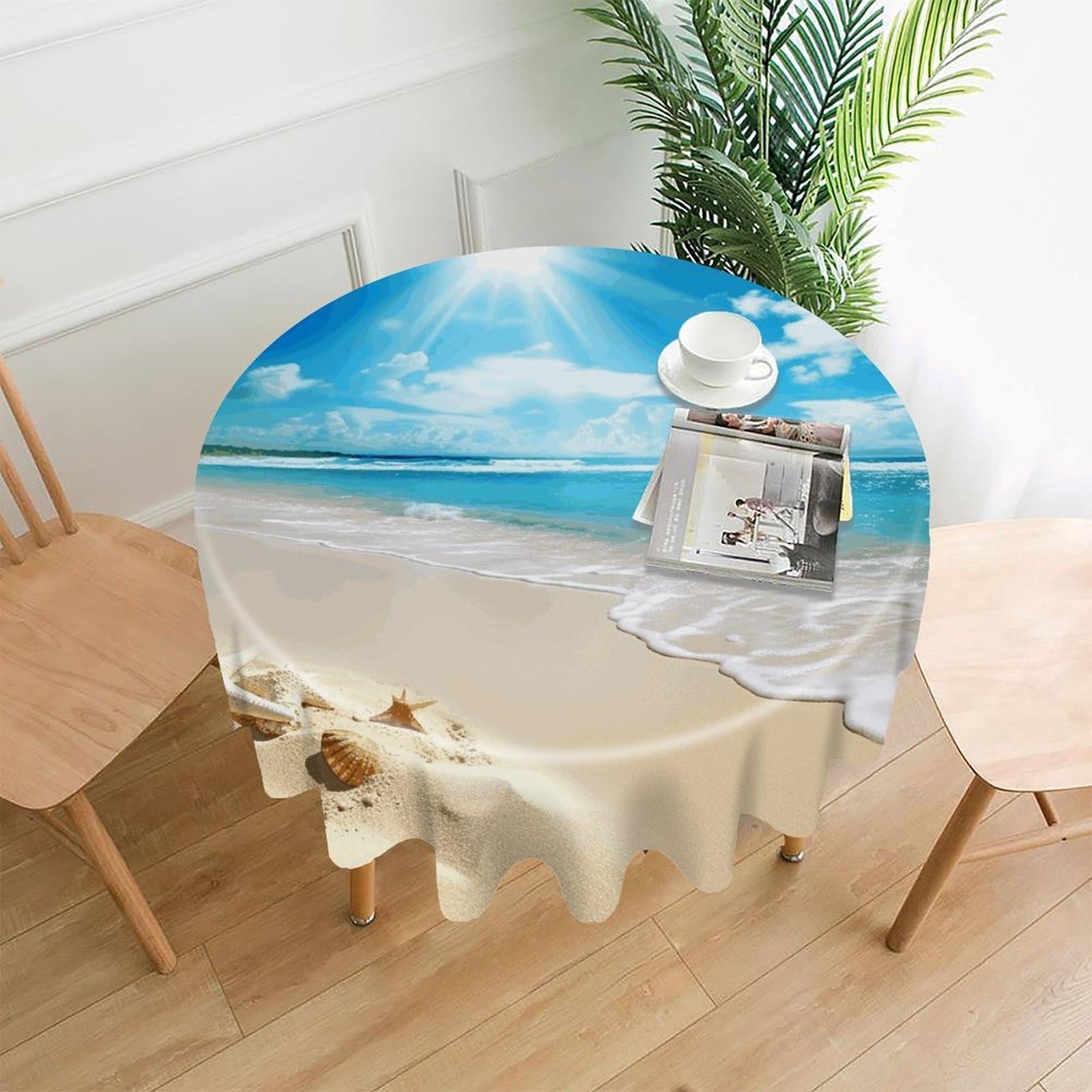 FekiLoot Bright Sunshine Summer Beach Round Tablecloth Cover 60 Inch Wrinkle Free Washable Polyester Fabric Table Cover Decorative Round Table Cloth for Home Dining Kitchen Party Farmhouse