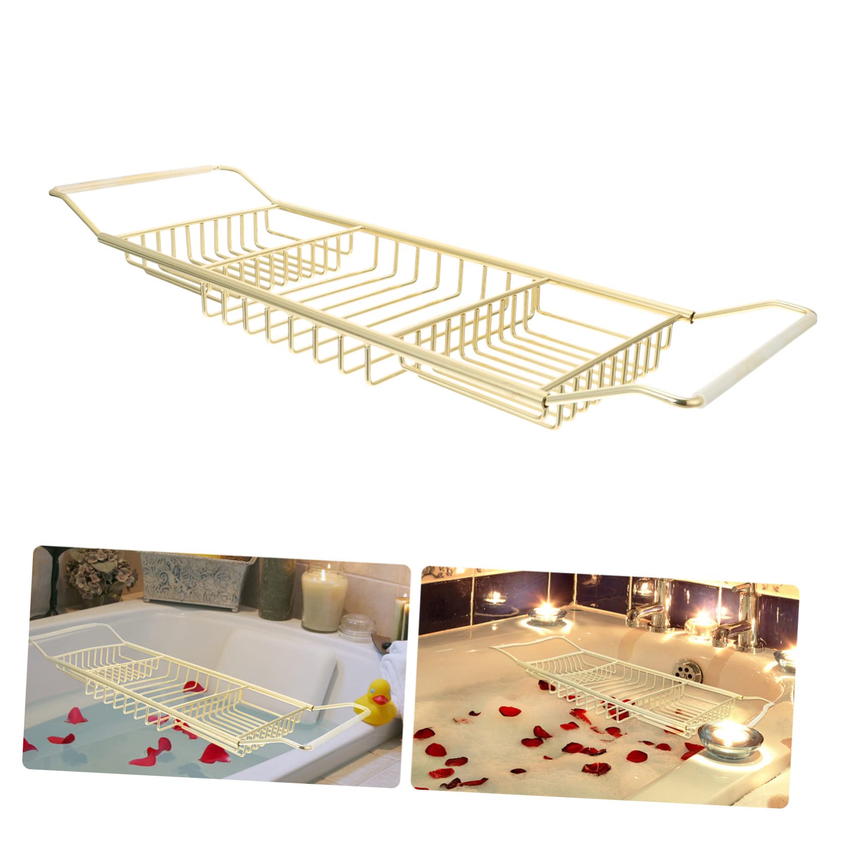 Bandeja Organizadora De Bambú Para Bañera Con Laterales Extensibles Y Estante De Acero Inoxidable Para Bañera Con Soporte Para Barra De Sonido Y Jabonera - Dorado - 63 X 20 X 4 Cm, Dorado - 63 X 20 X