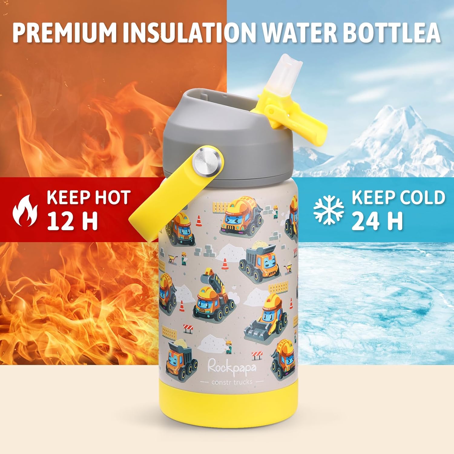 rockpapa 14 oz Kids Insulated Water Bottle,Stainless Steel Toddler Cups with Straws, BPA Free, Leak-Proof, Kids Water Bottle for School Boys& Girls (Grey Constr Trucks) - Image 3