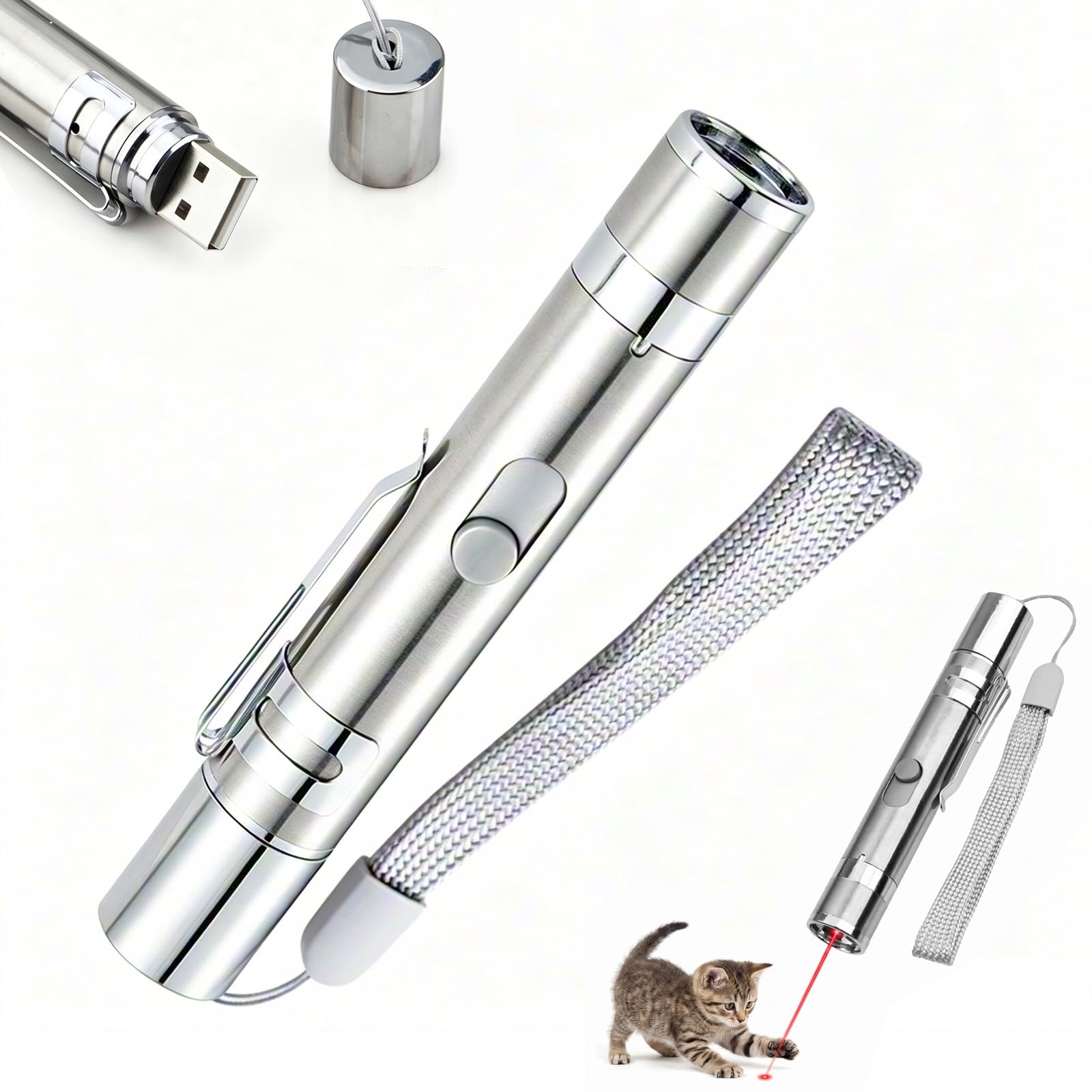 DAMYDAMYNA Interactive Cat Pointer Toy, Portable USB Rechargeable LED Light Pen with 5 Patterns, Multifunction Cat Chasing Toy for Indoor Kitten Exercise & Play (Silver, 1PC)
