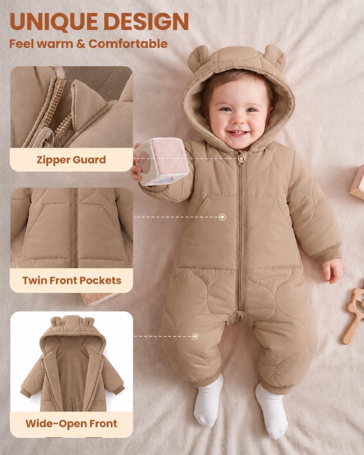 JiAmy Baby Snowsuit Winter Romper Hooded Boys Girls Jumpsuit Bear Thick Windproof Cap Infant Winter Clothes