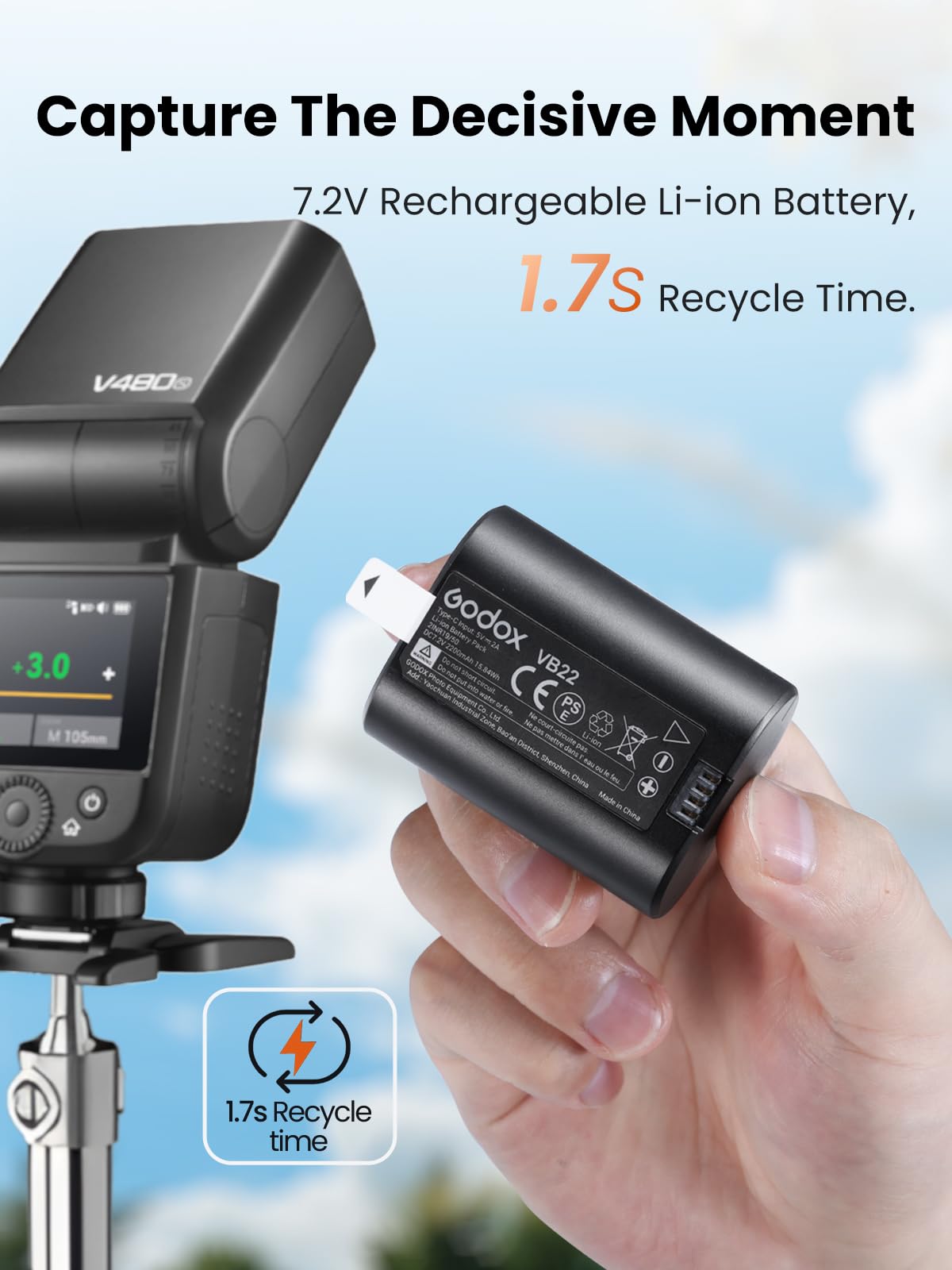 GODOX VB22 Batterie au Lithium pour Godox V480 V1MID V350 Flash, par Exemple V480S V480C V480N V480F V1Mid-N V1Mid-S V1Mid-C V1Mid-F V1Mid-O, 7,2V 2200mAh Batterie Rechargeable, Recharge Via USB-C