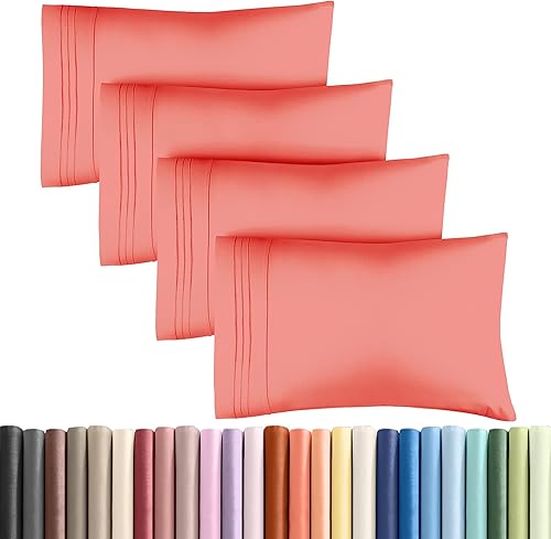 CGK Unlimited - Juego de 4 fundas de almohada de microfibra, tamaño queen, prémium, lavables a máquina, suaves y protectoras, color coral