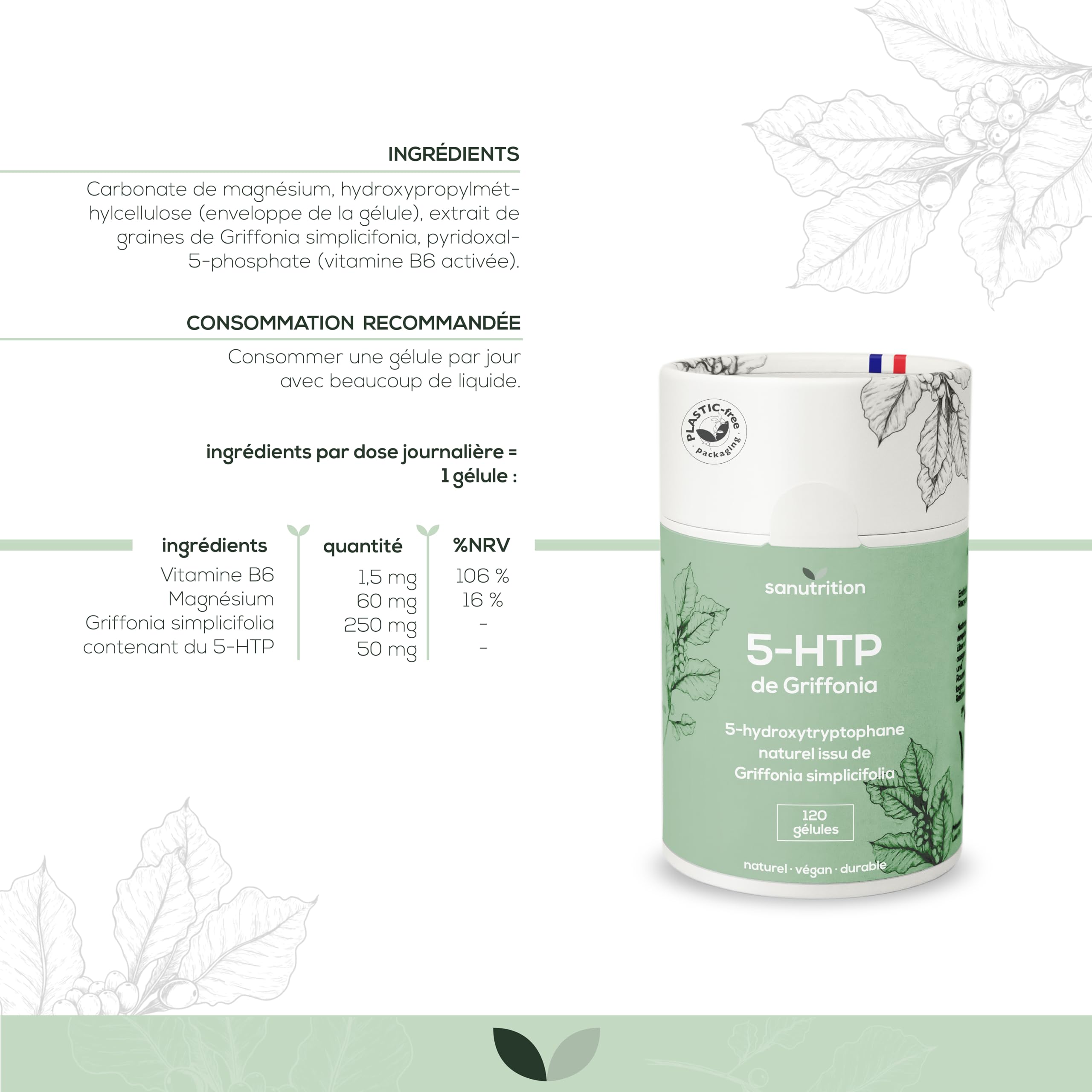 5-HTP 50 | 120 gélules végétaliennes | booster l'humeur | à partir d'extrait de Griffonia (20 % 5-hydroxytryptophane) | Formation de sérotonine | Avec magnésium et vitamine B6 | Boîte en papier
