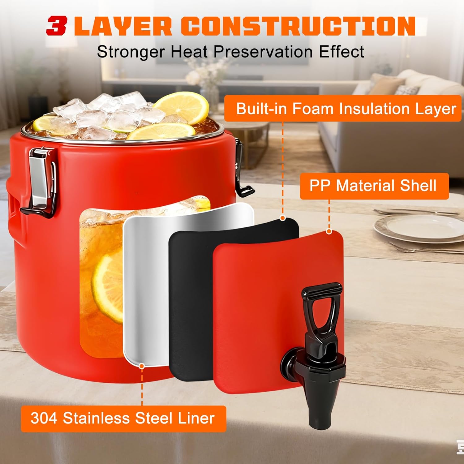 2.6 Gallon Insulated Beverage Dispenser, Drink Dispenser with 304 Stainless Steel Interior and Spout, Portable Hot and Cold Water Dispensers for Parties Outdoors Camping - Image 3