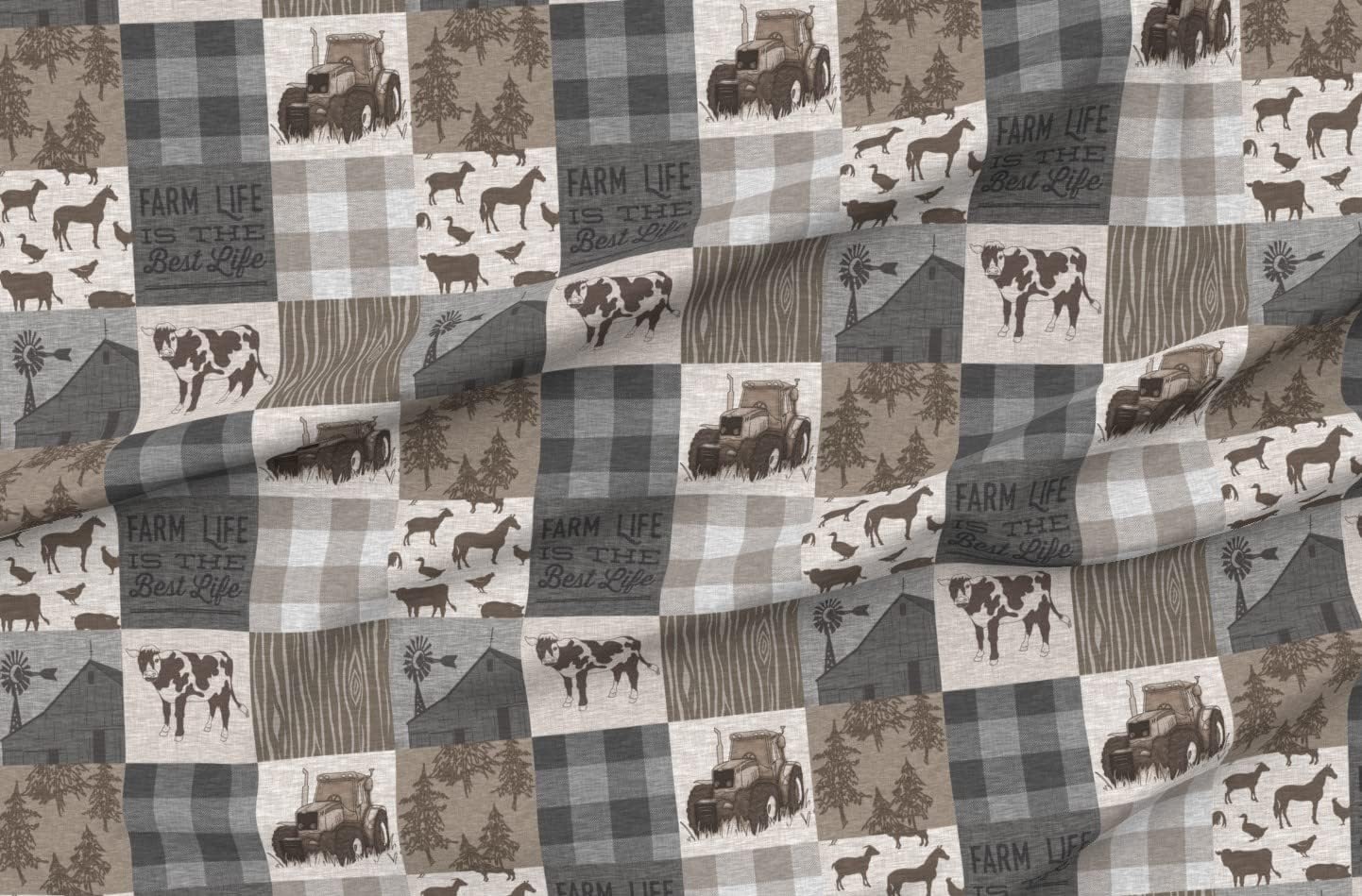 Spoonflower Fabric - Cows Cow Farm Life Quilt Farming Barn Barnyard Cheater Brown Gray Printed on Organic Cotton Sateen Fabric by The Yard - Sewing Quilting Apparel Home Decor