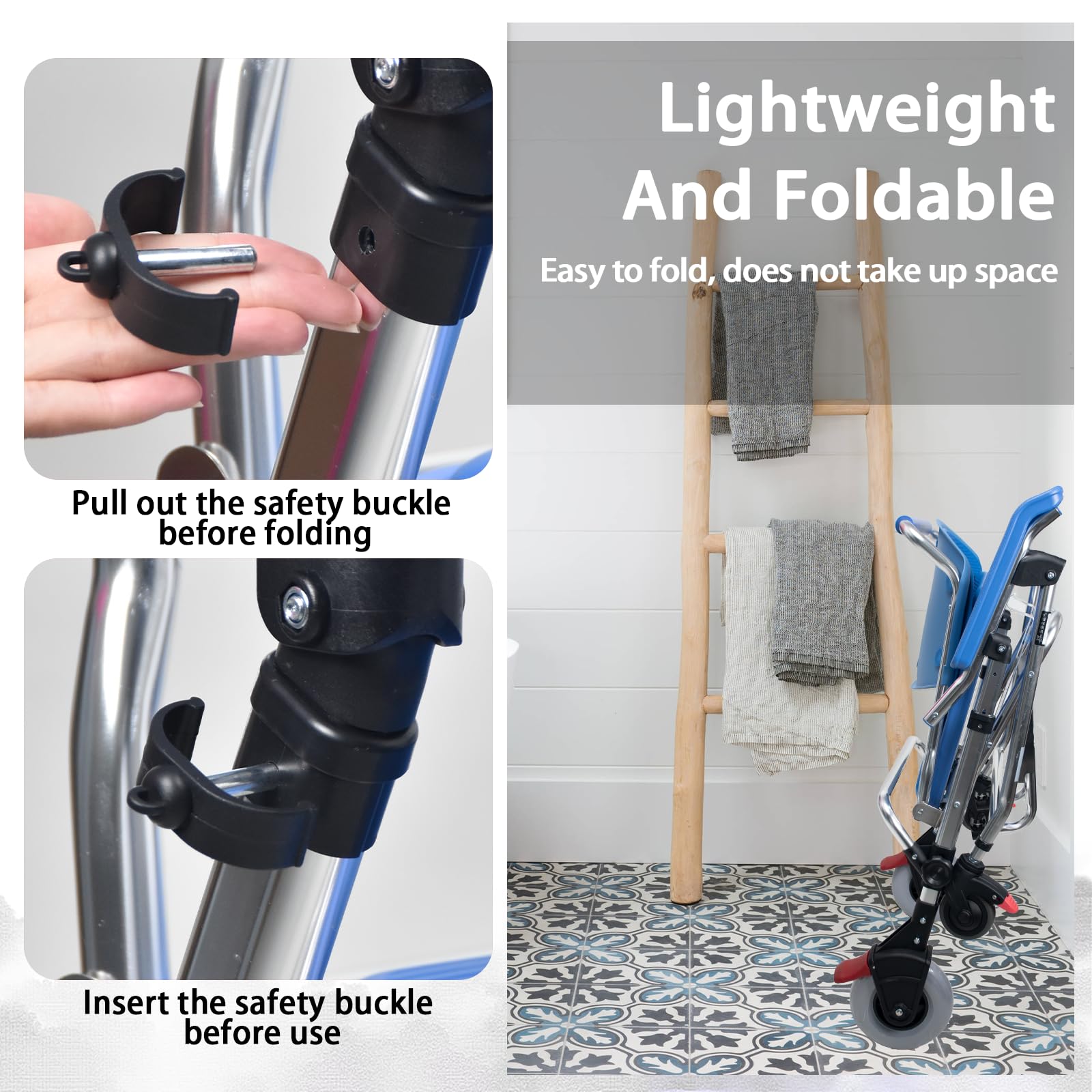 Sedia Comoda Pieghevole WC per Anziani con Rotelle, Blu Sedia a Rotelle con WC per Anziani Pieghevole, 3-in-1 Sedia Doccia Disabili con Ruote Impermeabile, 150kg