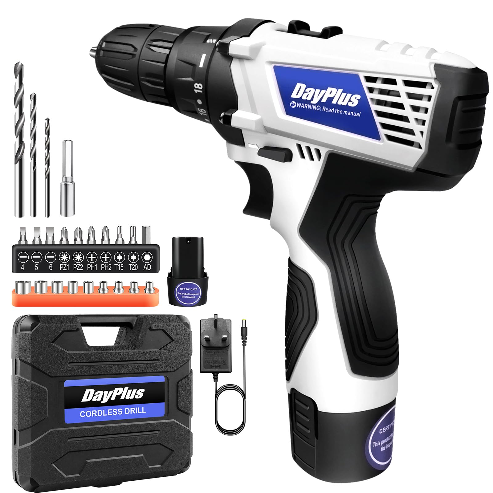 Cordless Drill with 1500mAh Battery, 16.8V Electric Screwdriver Drill Set, 45Nm Electric Power Drill Driver, 18+1 Torque, 2 Speed, LED Light, 23 Accessories, Battery Combi Drill for Home & DIY Project