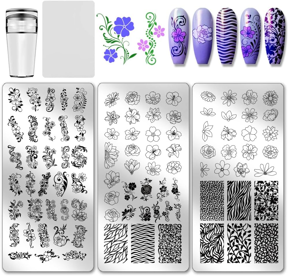 PH PandaHall 3pcs Flower Nail Stamping Plates Swirling Patterns Nails Art Stencils Plants Manicure Templates Rose Floral Nails Art Design for Women Manicures Salon Decorations Tools Supplies