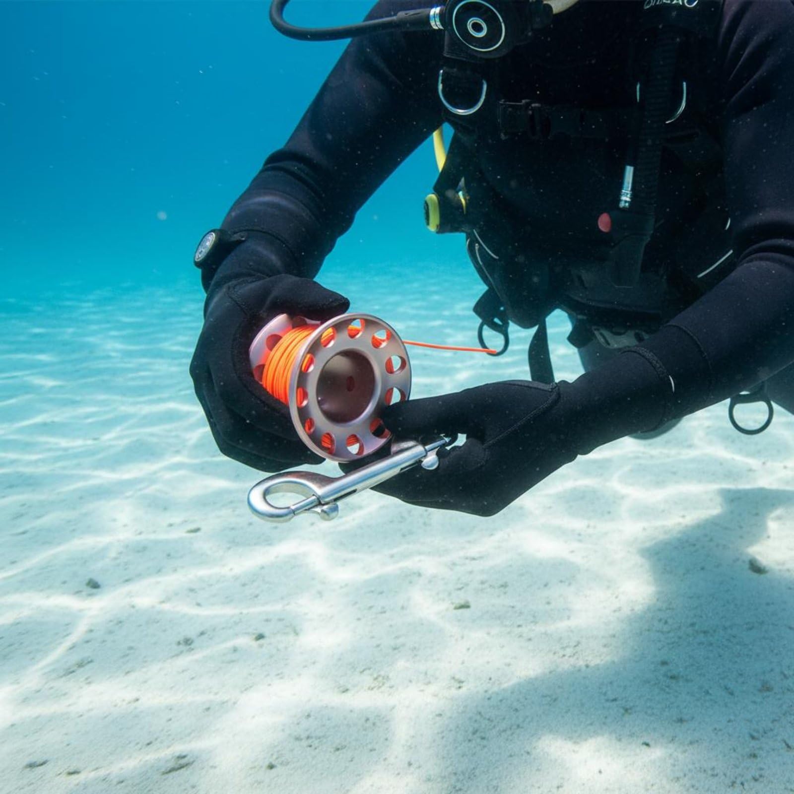 MERIGLARE Diving Reel de Plongée Spool Dérouleur avec Ligne Plate Nylon Anti Enchevêtrement en Alliage d'Aluminium 6061 et Mousqueton Inox Adapté à Plongée Souterraine Épave, Gris Fer, 30M