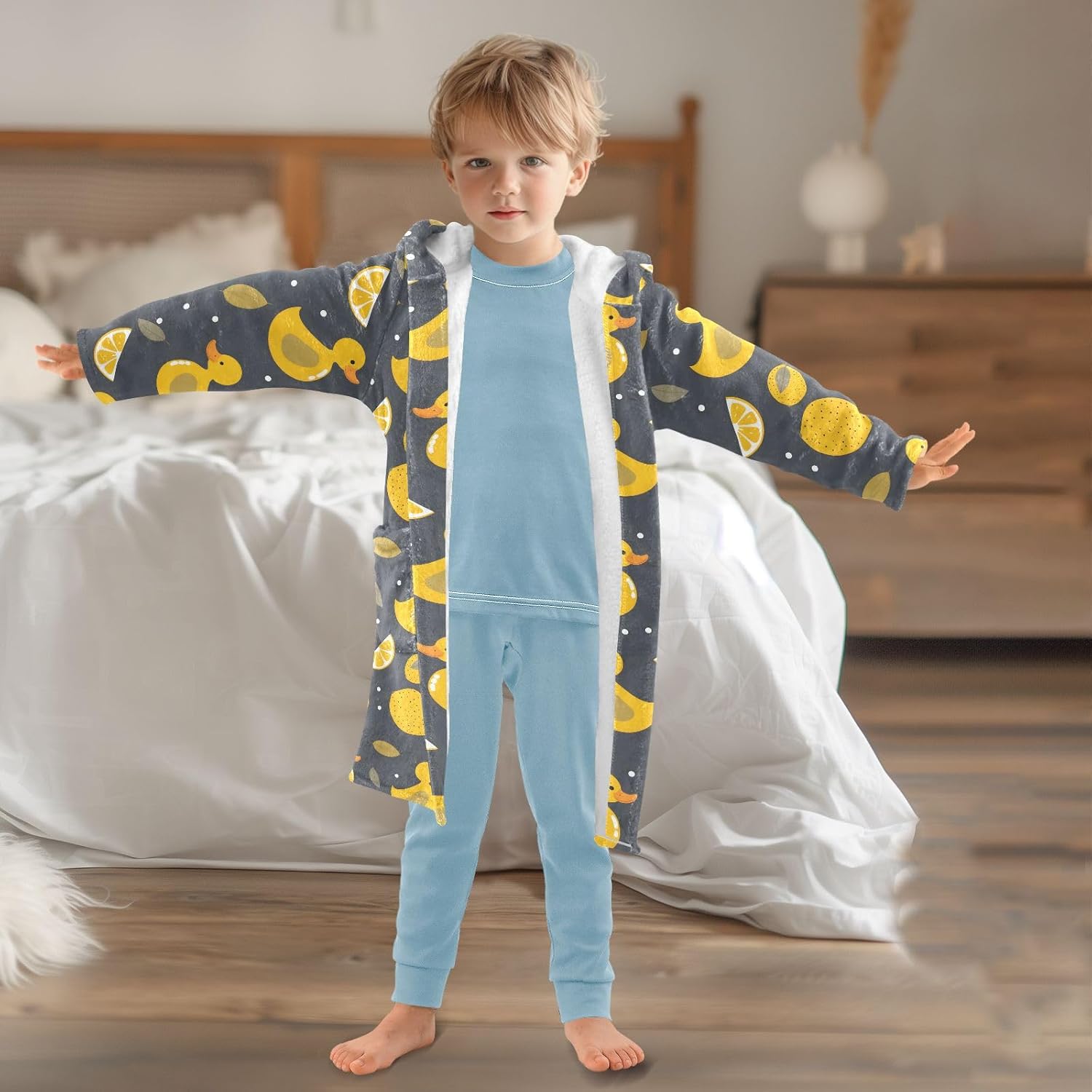senya Lemon Yellow Duck Toddler Hooded Bathrobe Kids Soft Plush Bath Towel Robes for Boys Girls 2-12 Years