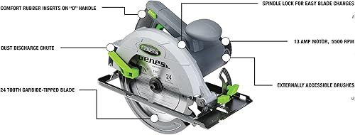 Miniatura 2 de Genesis GCS130 Sierra circular de 13 amperios de 7-14 pulgadas con hoja de punta de carburo 24T, guía de desgarro, llave de hoja y garantía de 2 años