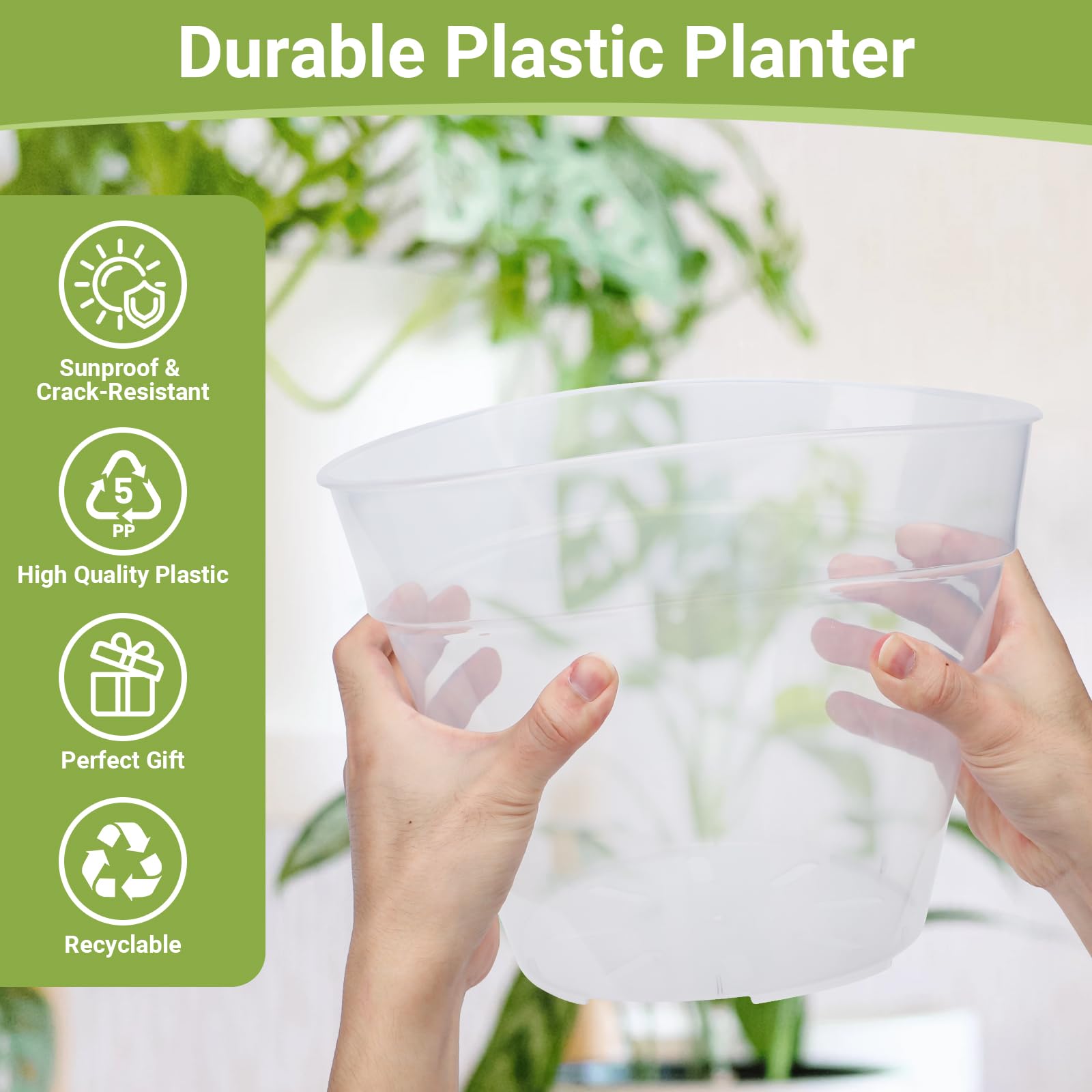 GREANER Lot de 10 pots de fleurs de 22,9 cm en plastique transparent avec soucoupes, pots de fleurs durables pour plantes d'intérieur, herbes, fleurs et cactus avec 10 étiquettes pour plantes