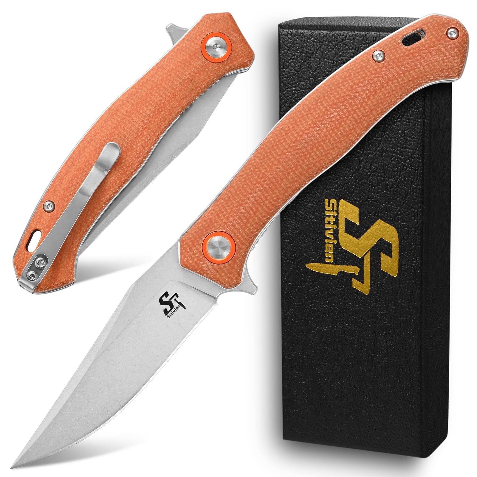 Sitivien ST112 Folding Knife, D2 Blade and Micarta Handle EDC Tool Knife with Pocket Clip for Outdoor Camping Hiking Survival(Brown)