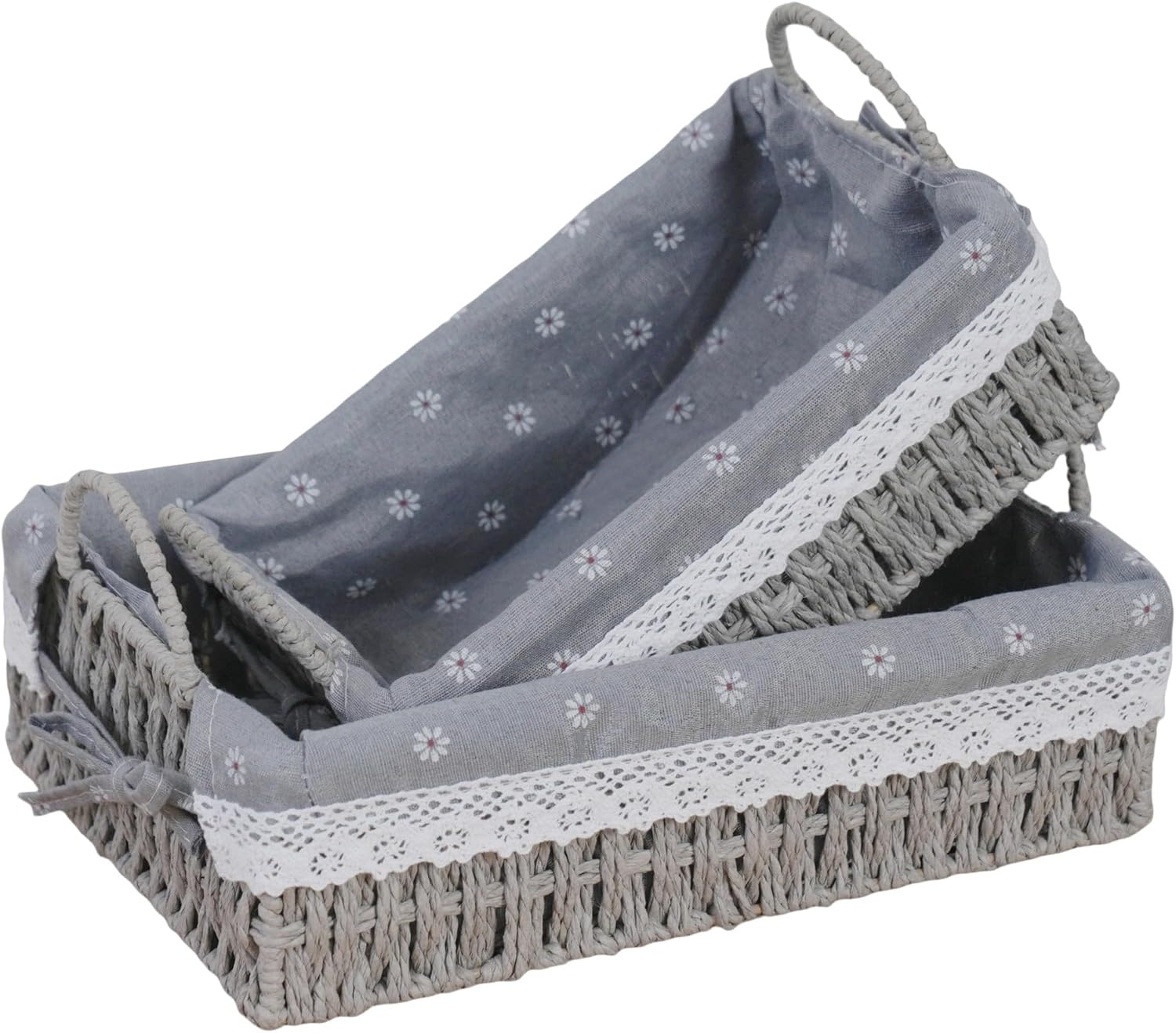 Paper Rope Basket for Organizer on Shelves,Set of 2 Handmade Grey Woven Rectangle Storage Basket Set with Handles and Removable Liners,Ideal for Cosmetics, Toys, Snacks ​