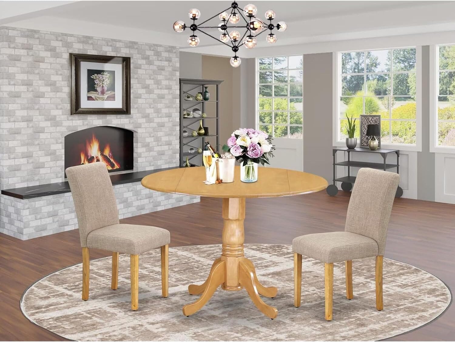 HomeStock 3 Piece Dining Room Set Contains a Round Dining Table with Dropleaf and 2 Light Tan Linen Fabric Parsons Chairs, 42x42 Inch,Oak