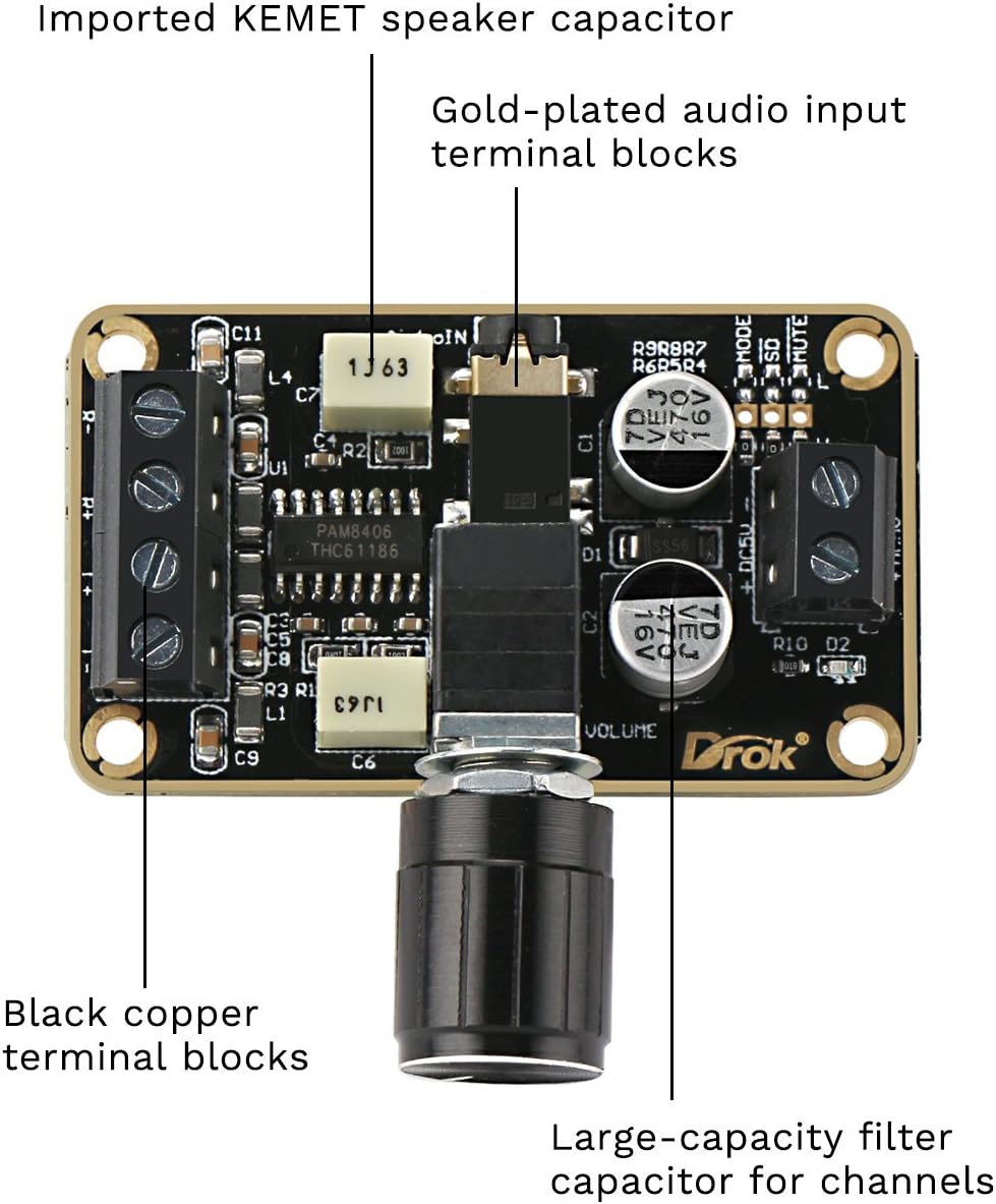 Audio Amplifier Board, DROK 5W+5W Mini Amplifier Board PAM8406 DC 5V Digital Stereo Power Amp 2.0 Dual Channel Class D Amplify Module for Speaker Sound System DIY
