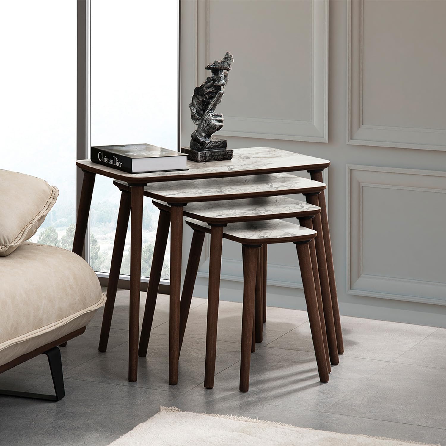 LUCI MDF Wooden Nesting Table Set of 4 - White Marble Patterned