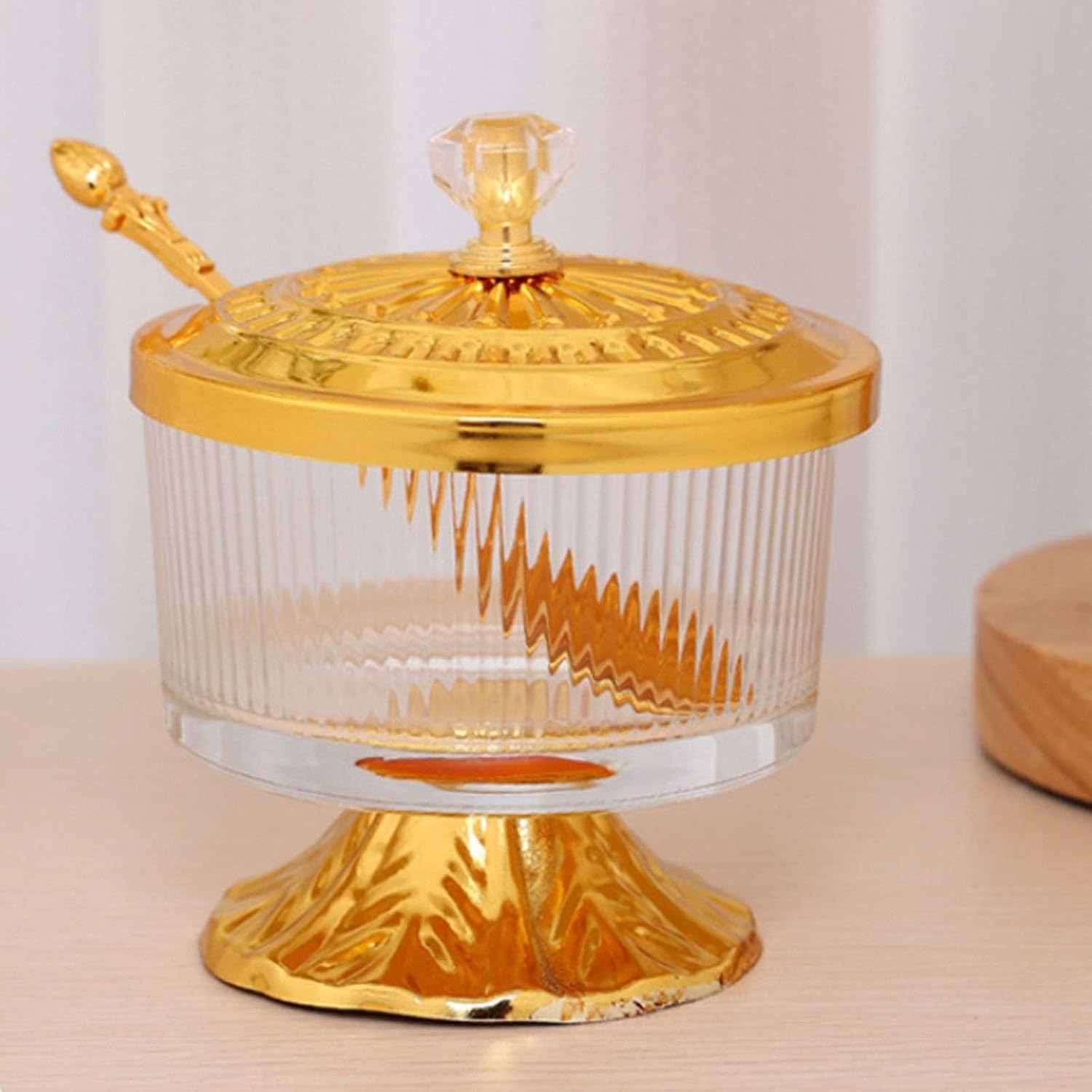retro sugar bowl with lid, Sugar Bowl with Lid and Spoon, Coffee Bar Accessories, Glass Spice Jar, Sugar Container, for Home, Kitchen, Weddings-Gold-Vertical Stripes ( Color : Gold , Size : Smooth )