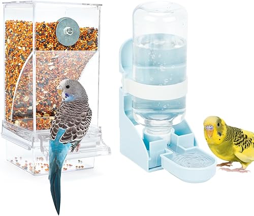 Miniatura 12 de Rypet Juego de dispensador de agua para pájaros sin ensuciar, alimentador automático para pájaros para jaula, contenedor de alimentos transparente